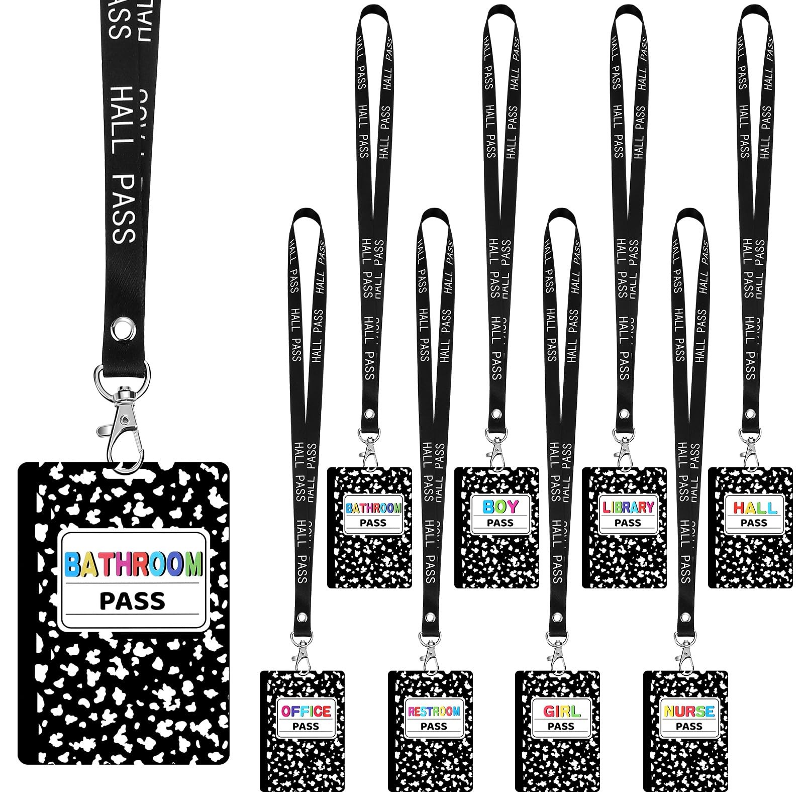 16 PCS 2.4×3.5 In Black White PVC Writable Hall Pass Lanyards Classroom