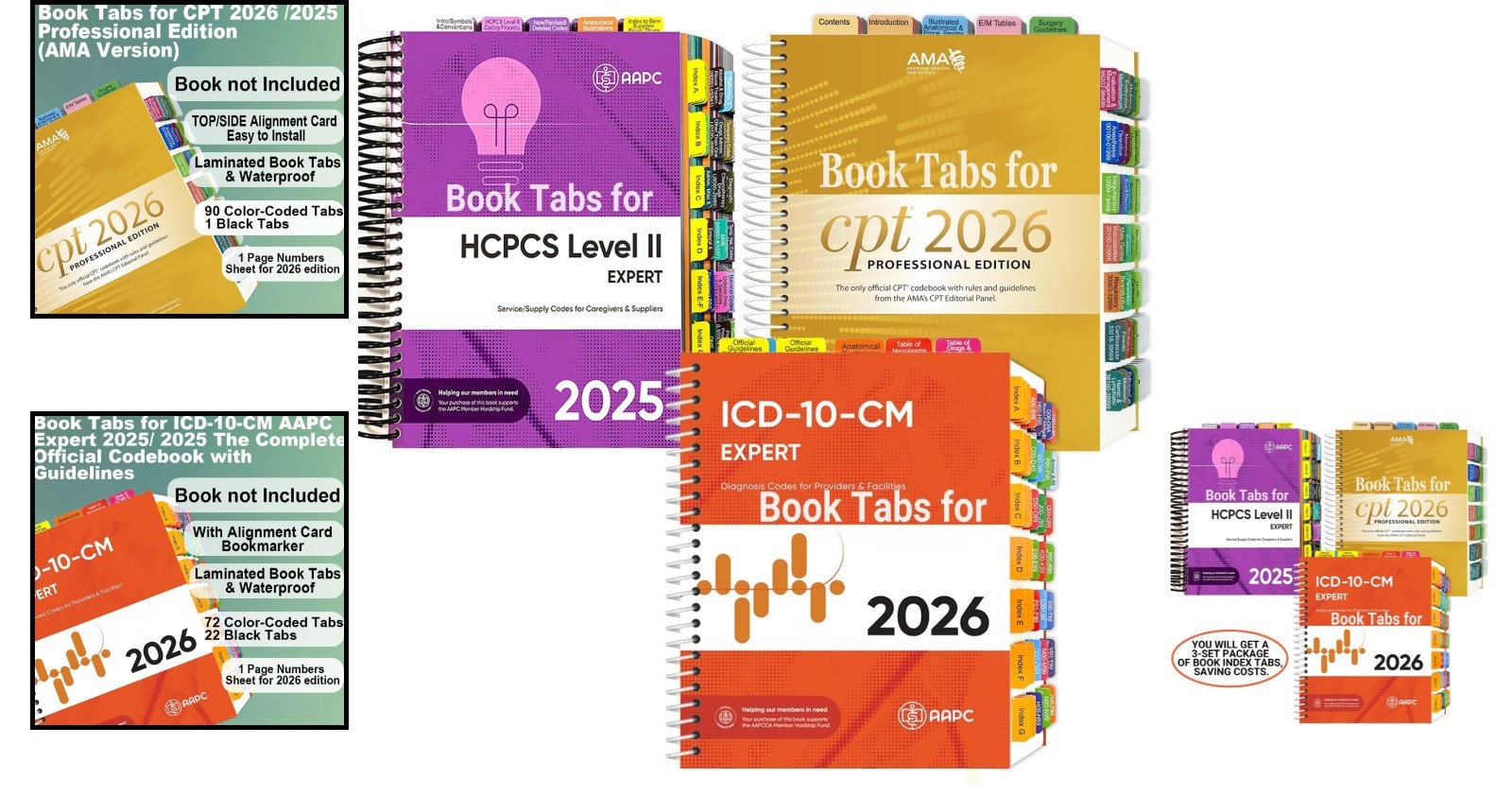 Index Tabs for AMA CPT Book, ICD-10 Code, HCPCS Level II, 3-Set Bundle 2026/2025