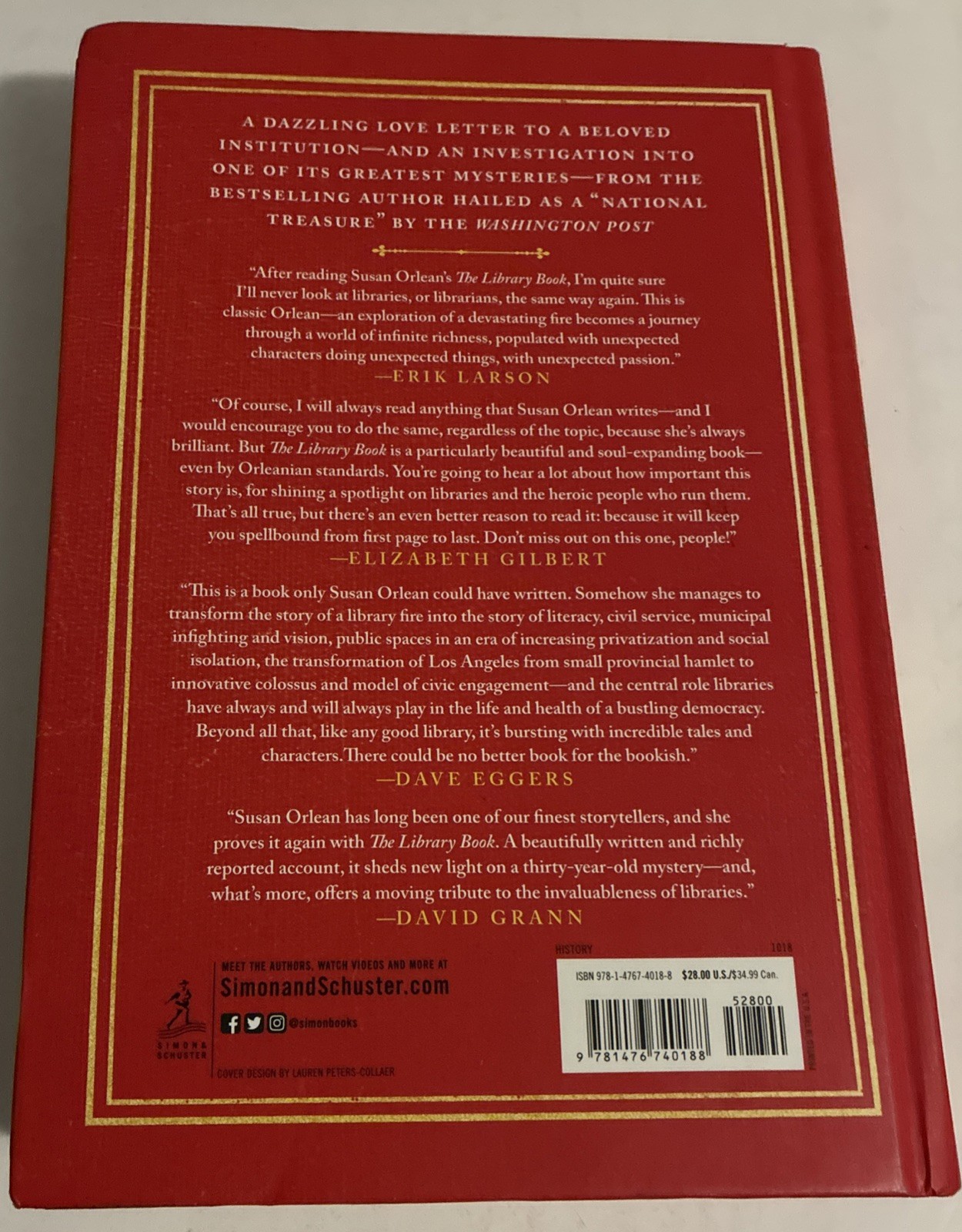 The Library Book By Susan Orlean First Simon & Shuster Hardcover Edition 2018