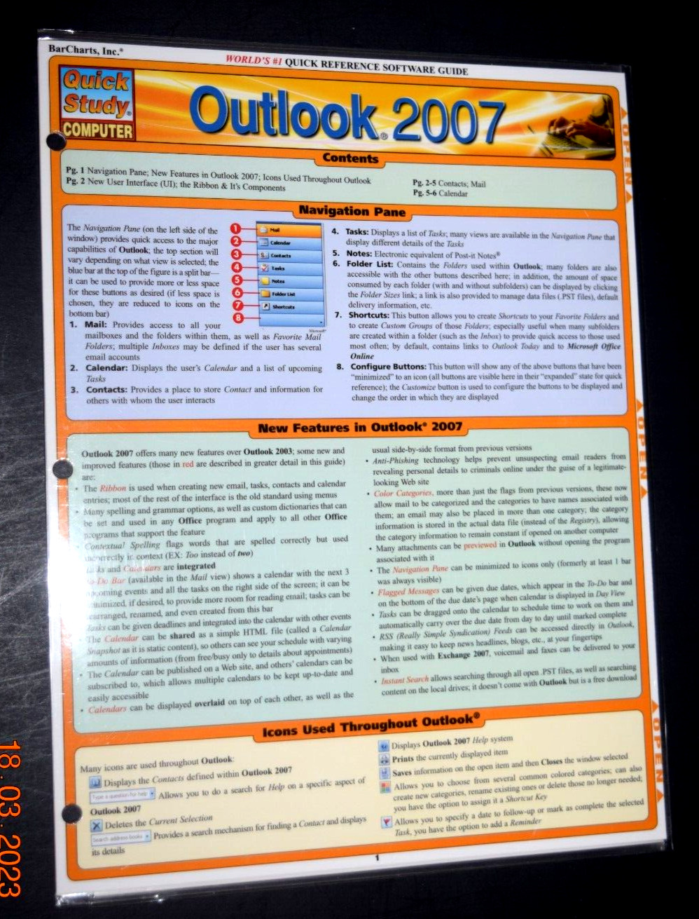 QUICK STUDY COMPUTER “OUTLOOK 2007,” Laminated ( 8.50″ x 10.75″ Folded) New