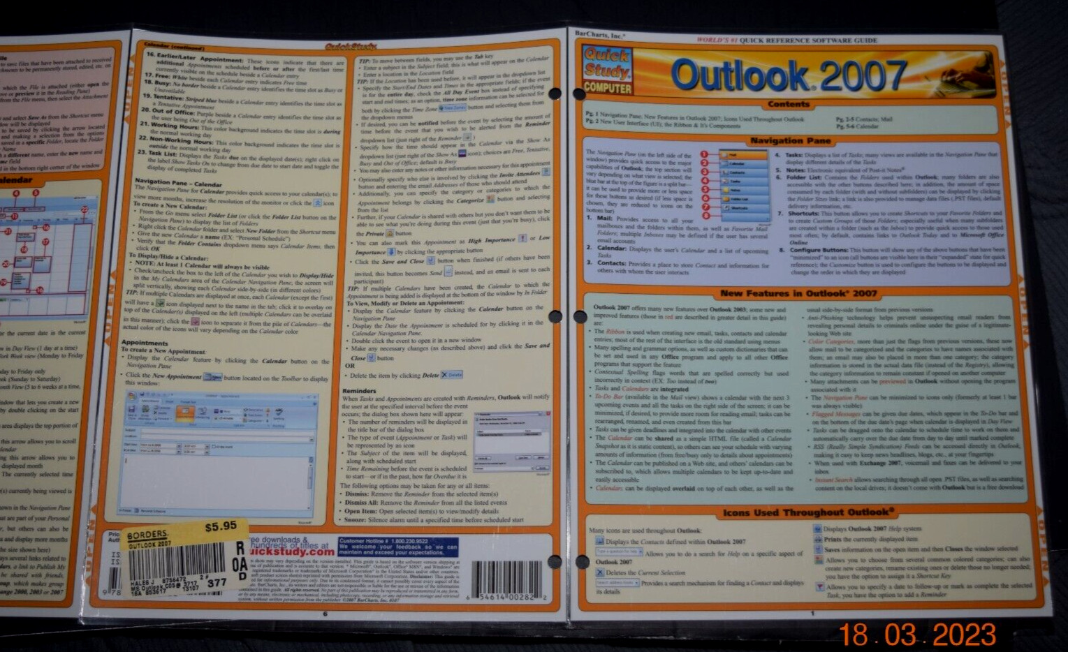 QUICK STUDY COMPUTER “OUTLOOK 2007,” Laminated ( 8.50″ x 10.75″ Folded) New