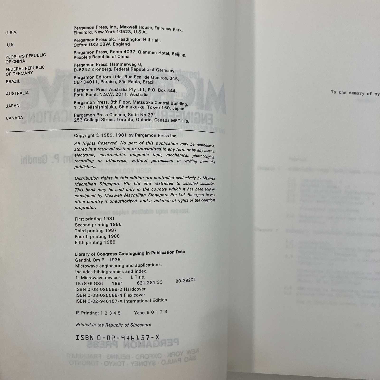 Microwave Engineering and Applications by Om Gandhi Macmillan Pergamon 1989 TPB