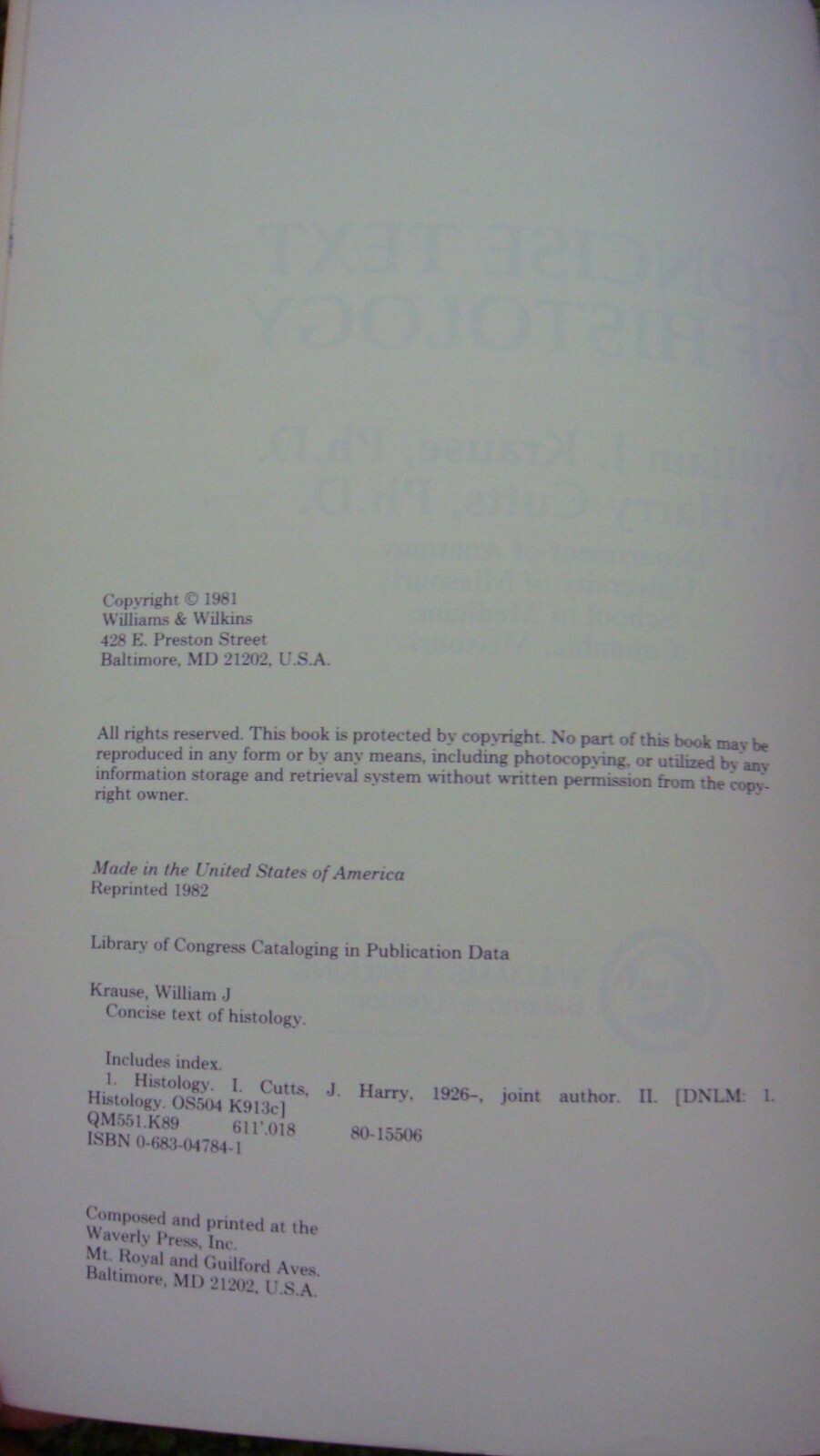 Concise Text of Histology Krause Cutts 1981 Paperback Textbook