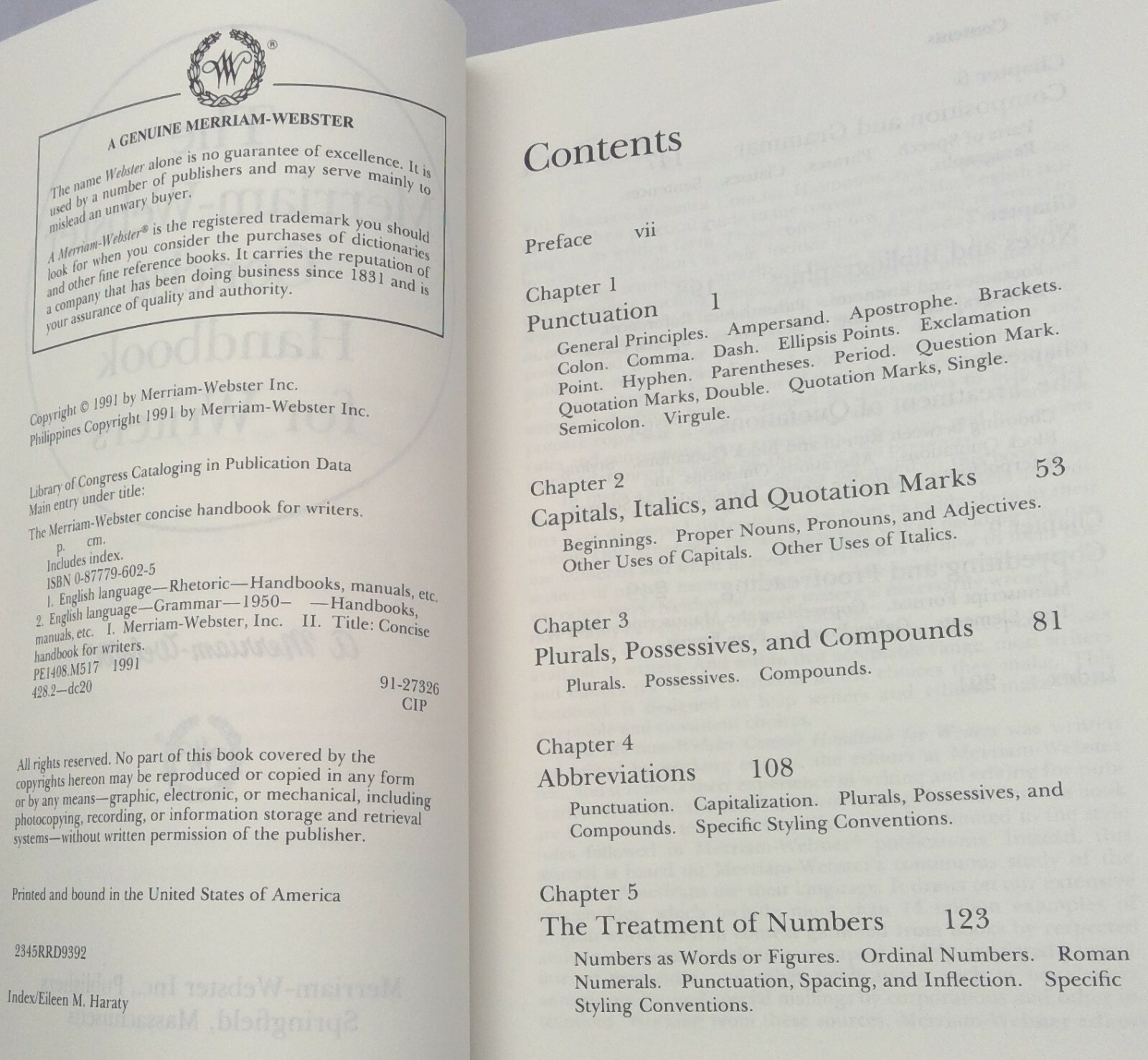 The Merriam Webster Concise Handbook for Writer’s: The Writer’s Resource 1991 PB