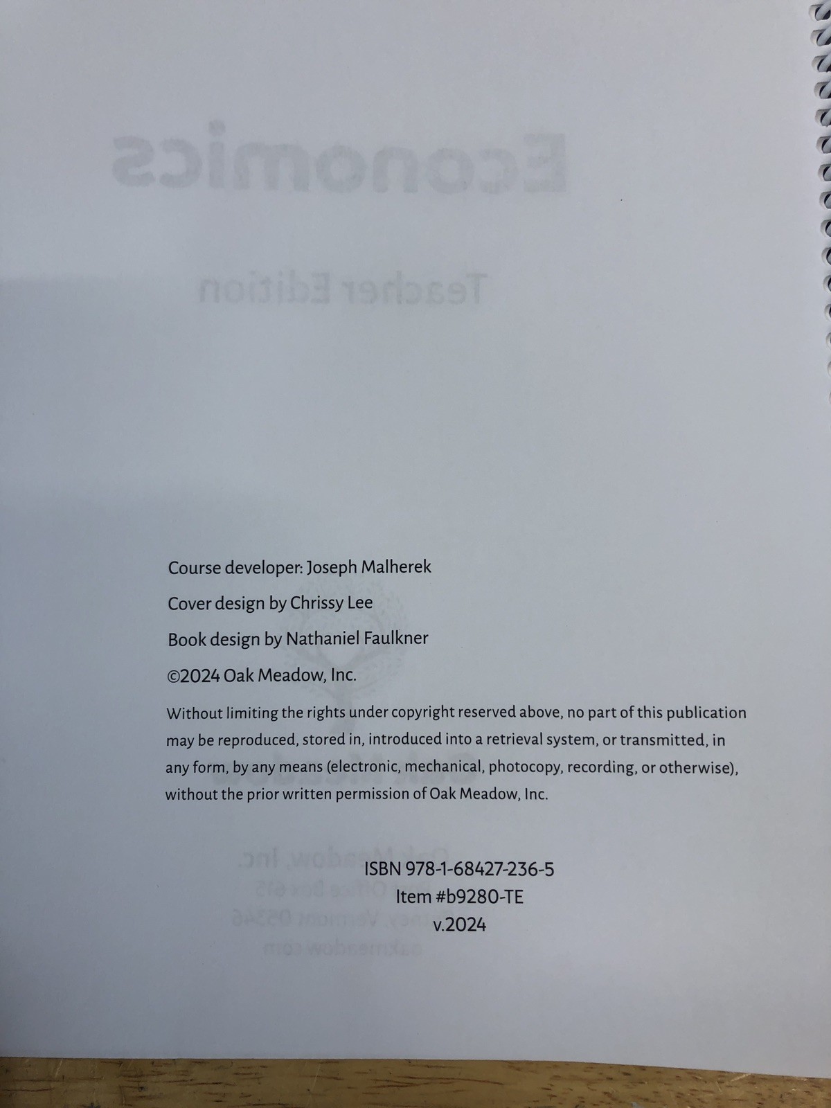 Oak Meadow High School Economics Teacher Edition + The Economics Book Textbook