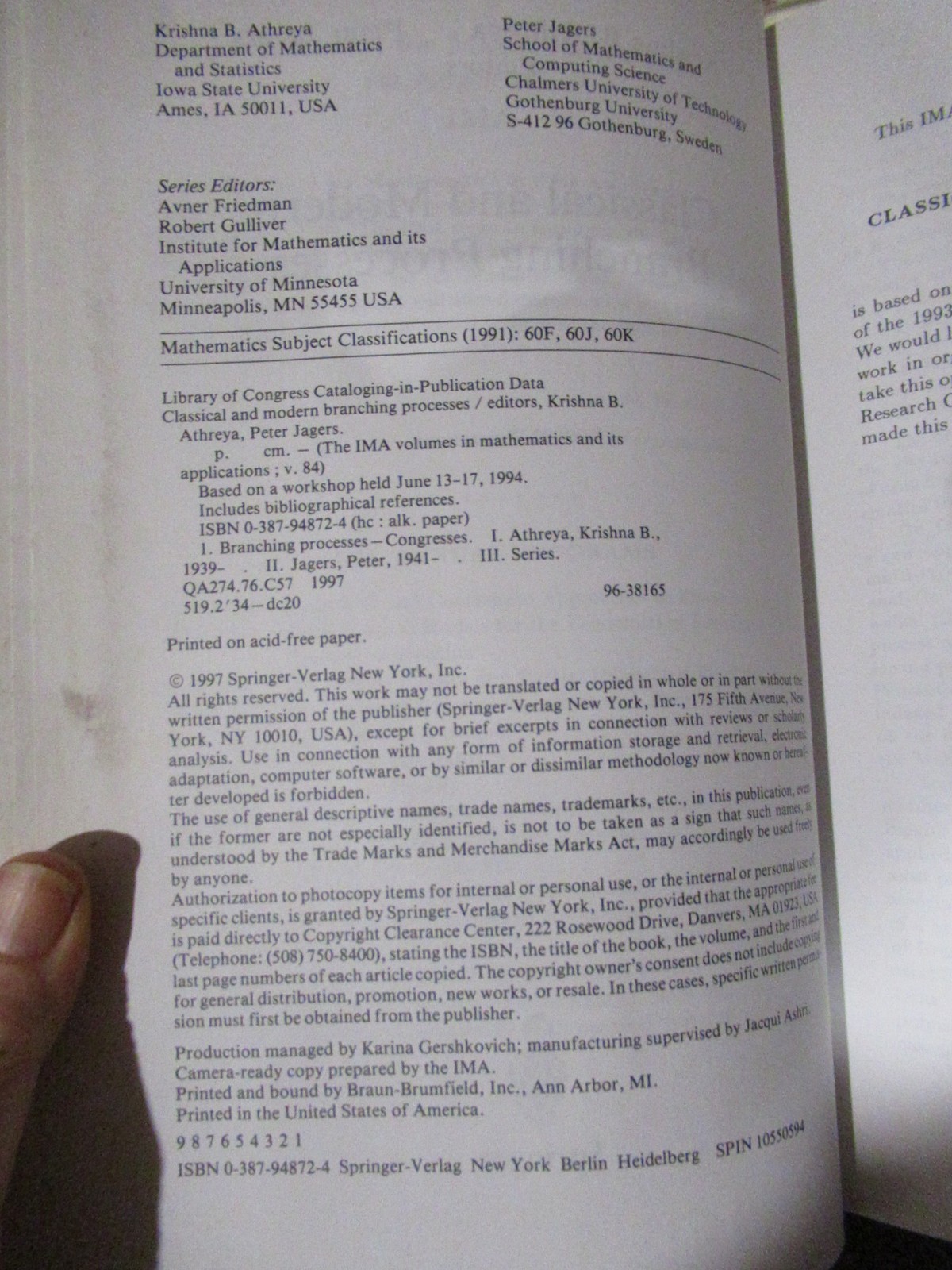 Springer Classical and Modern Branching Processes Athreya Jagers 1997 Hardcover