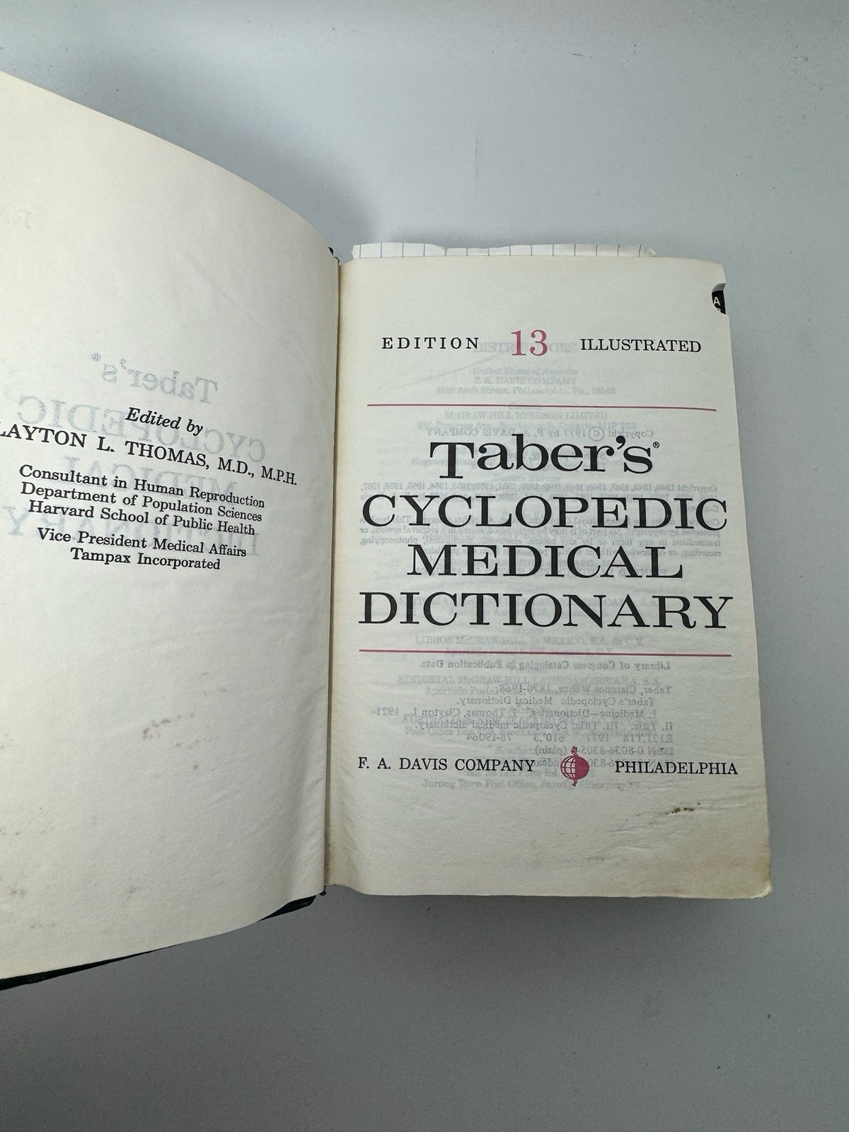Tabers Cyclopedic Medical Dictionary 13th Edition 1977 Hardcover F A Davis