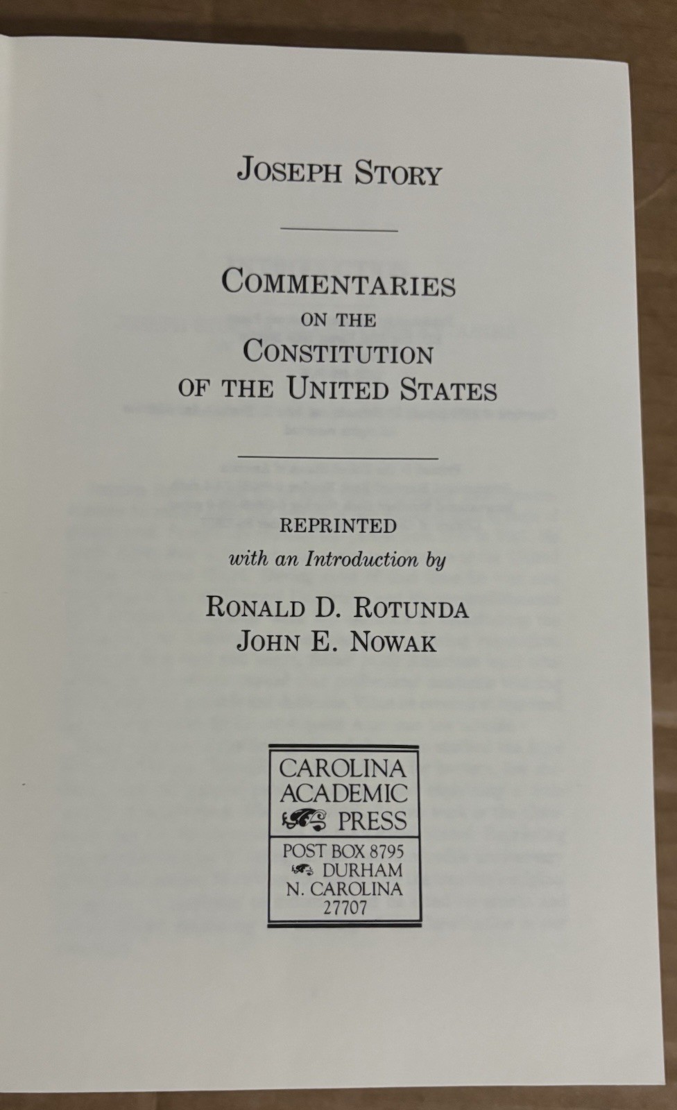 Joseph Story Commentaries On The Constitution 1987 Carolina Academic Press HC DJ