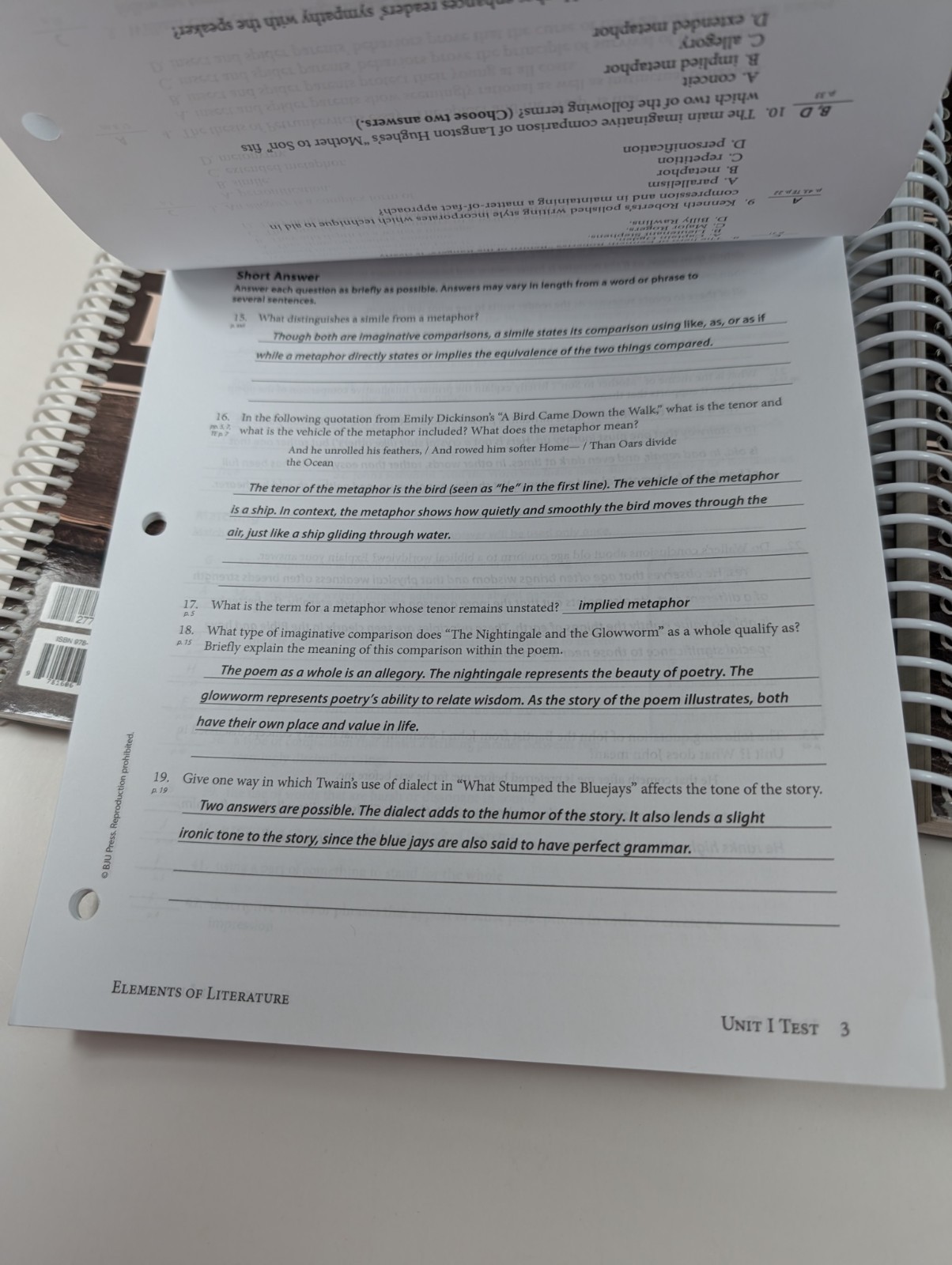 BJU Press Elements of Literature Teachers Edition A&B Tests Key Student Textbook
