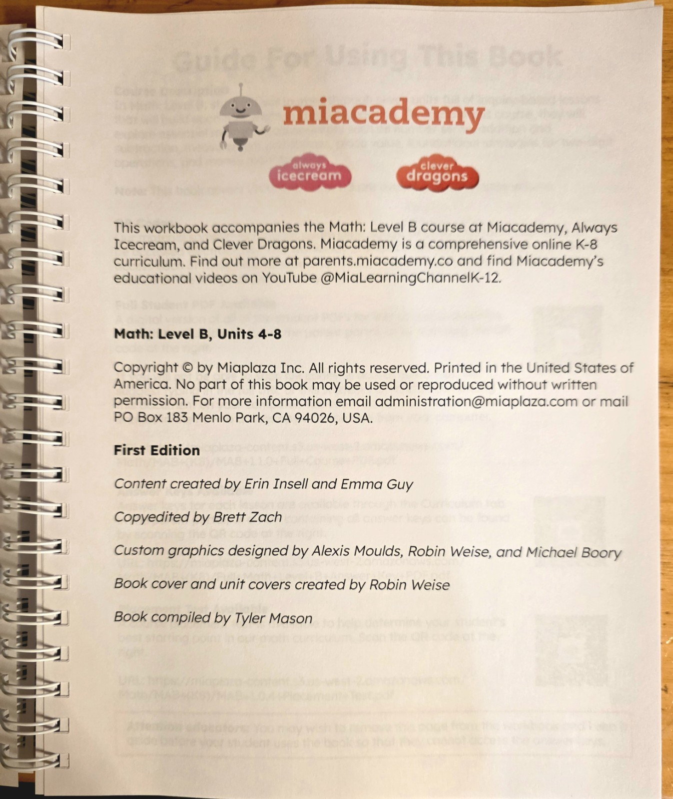 Miacademy Workbook: Math Level B Units 4-8 Spiral Bound Homeschooling