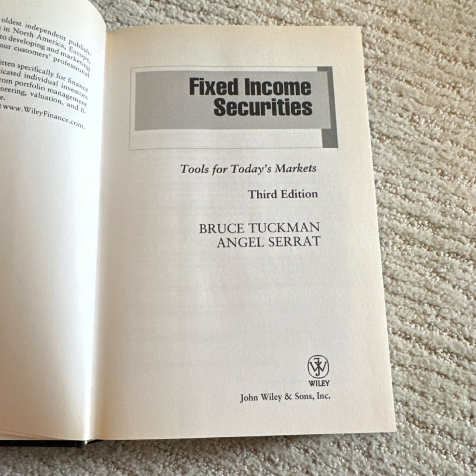 John Wiley Fixed Income Securities Third Edition Hardcover by Tuckman Serrat