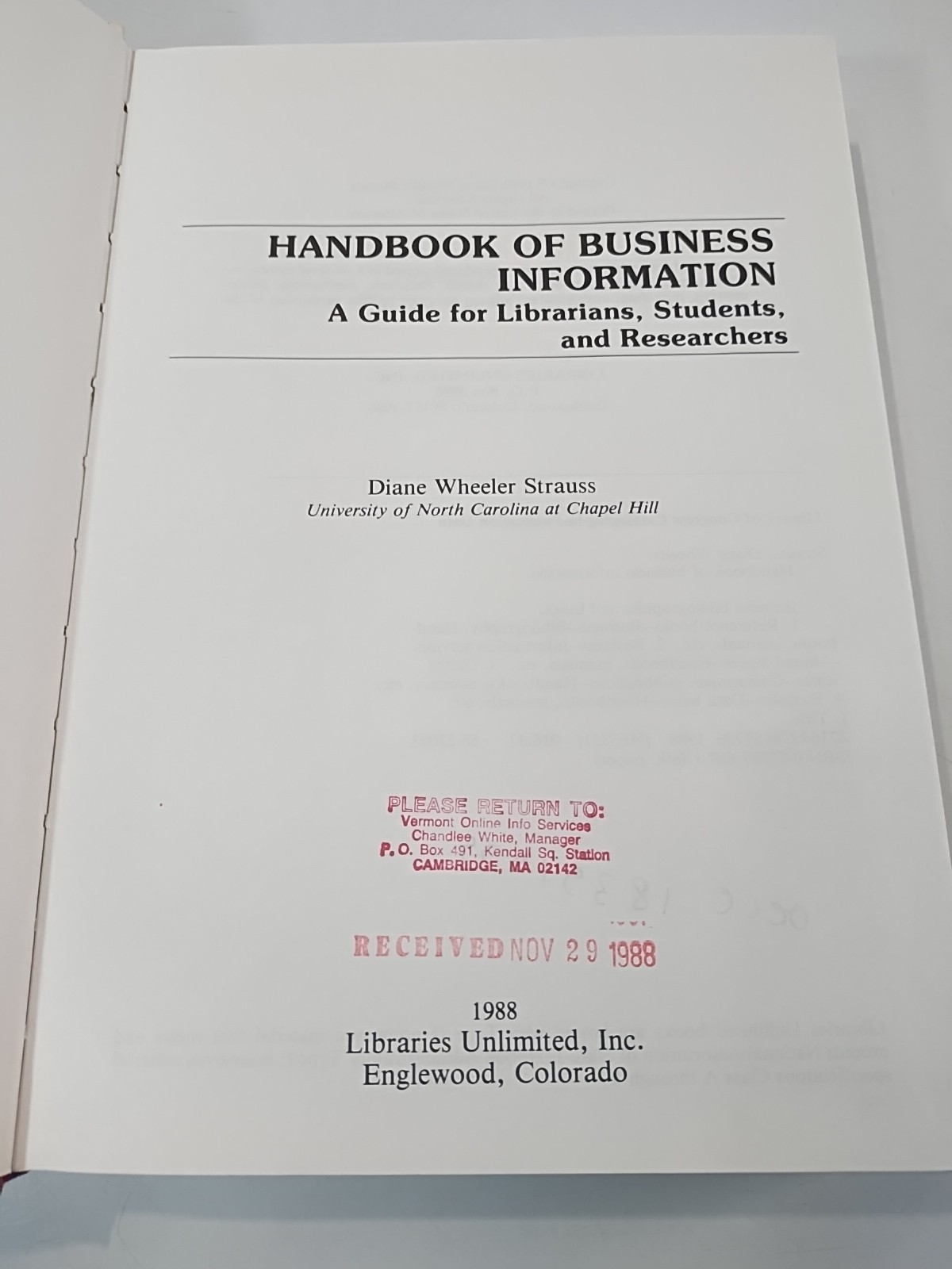 Handbook of Business Information: A Guide Librarians Students & Researchers 1988