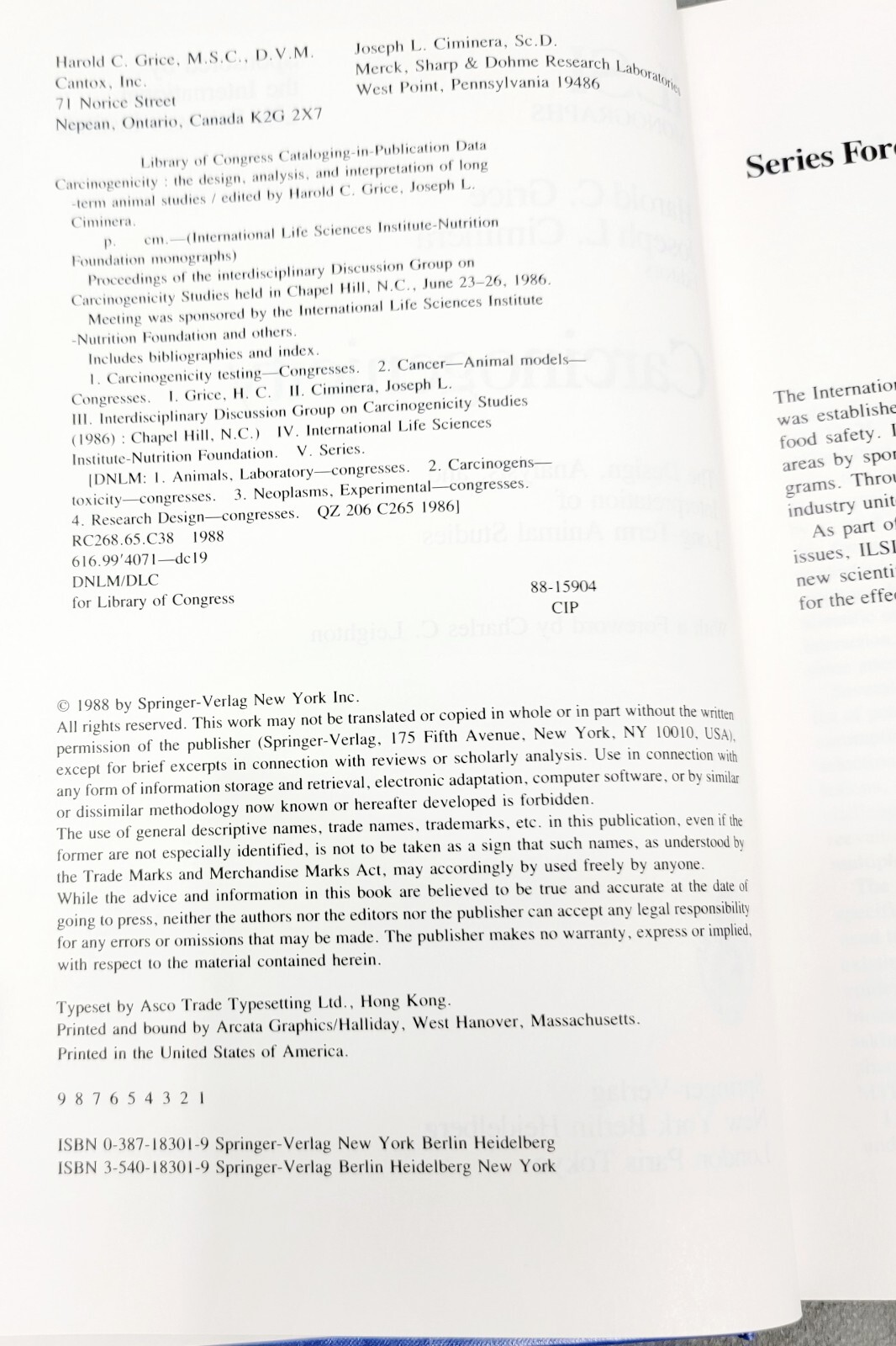 1988 ILSI MONOGRAPHS Hardcover CARCINOGENICITY Springer-Verlag GRICE/CIMINERA