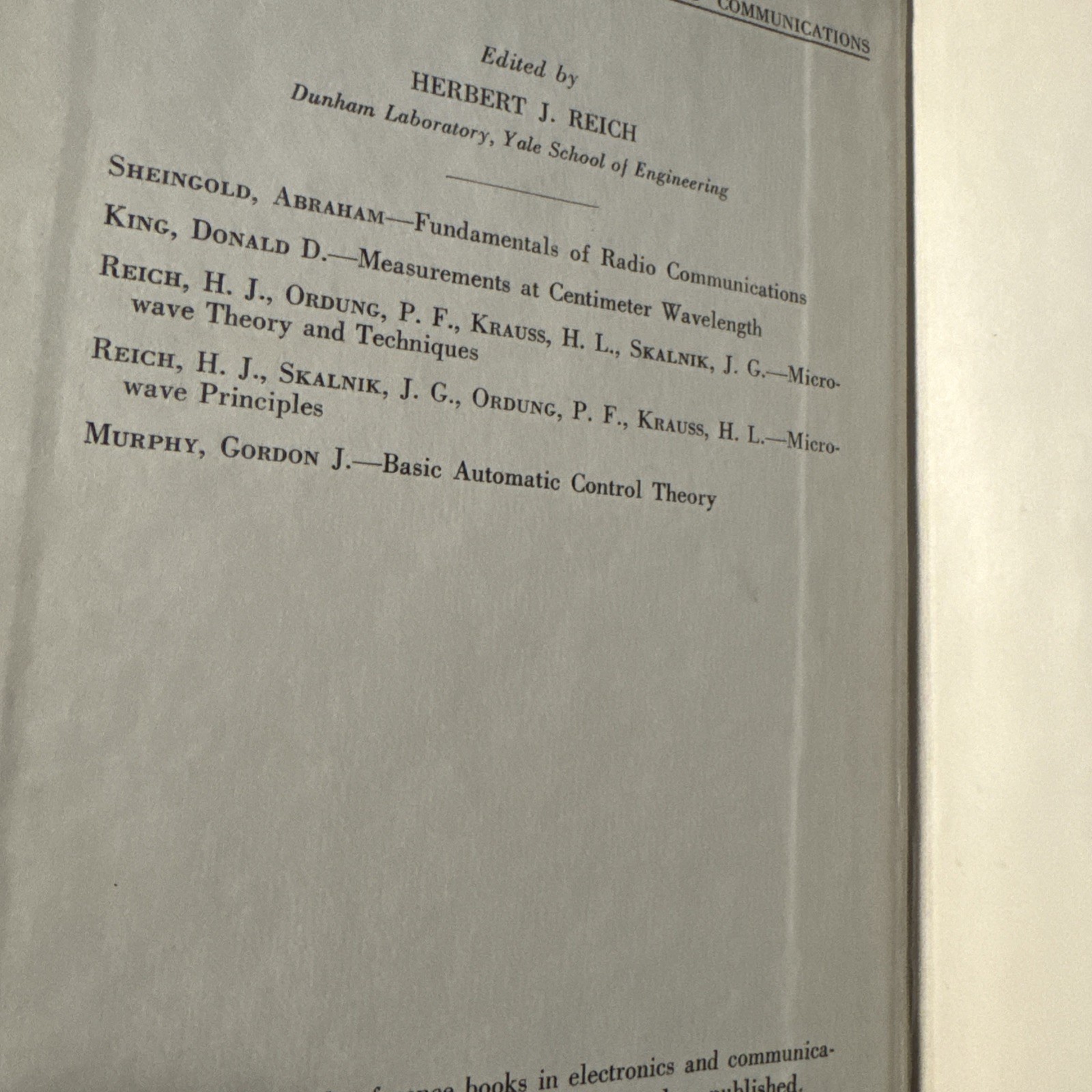 Microwave Principles The Van Nostrand Series 1959 Reich Skalnik Ordung Krause HC