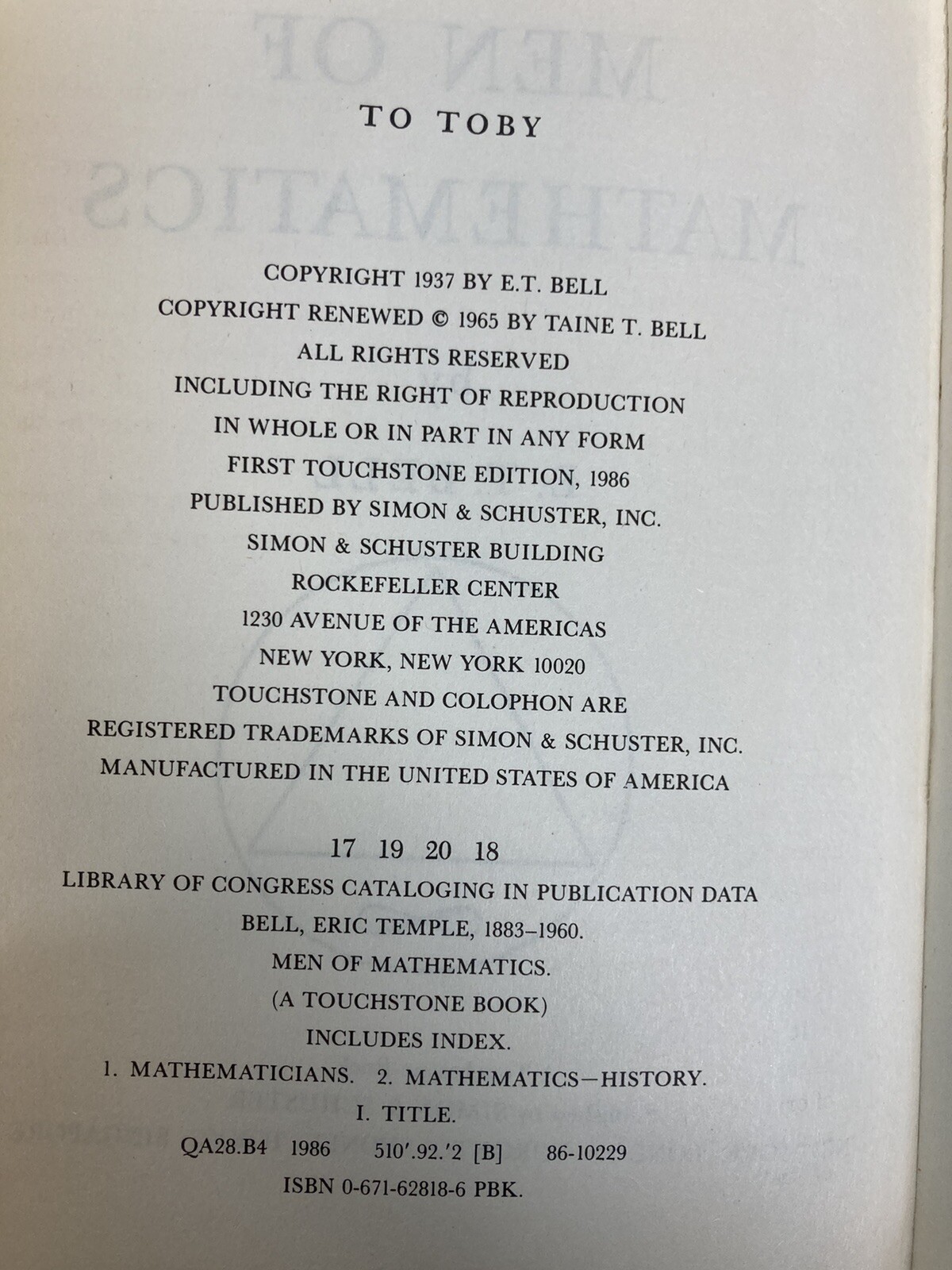 Men of Mathematics (Touchstone Book), Bell, E.T.