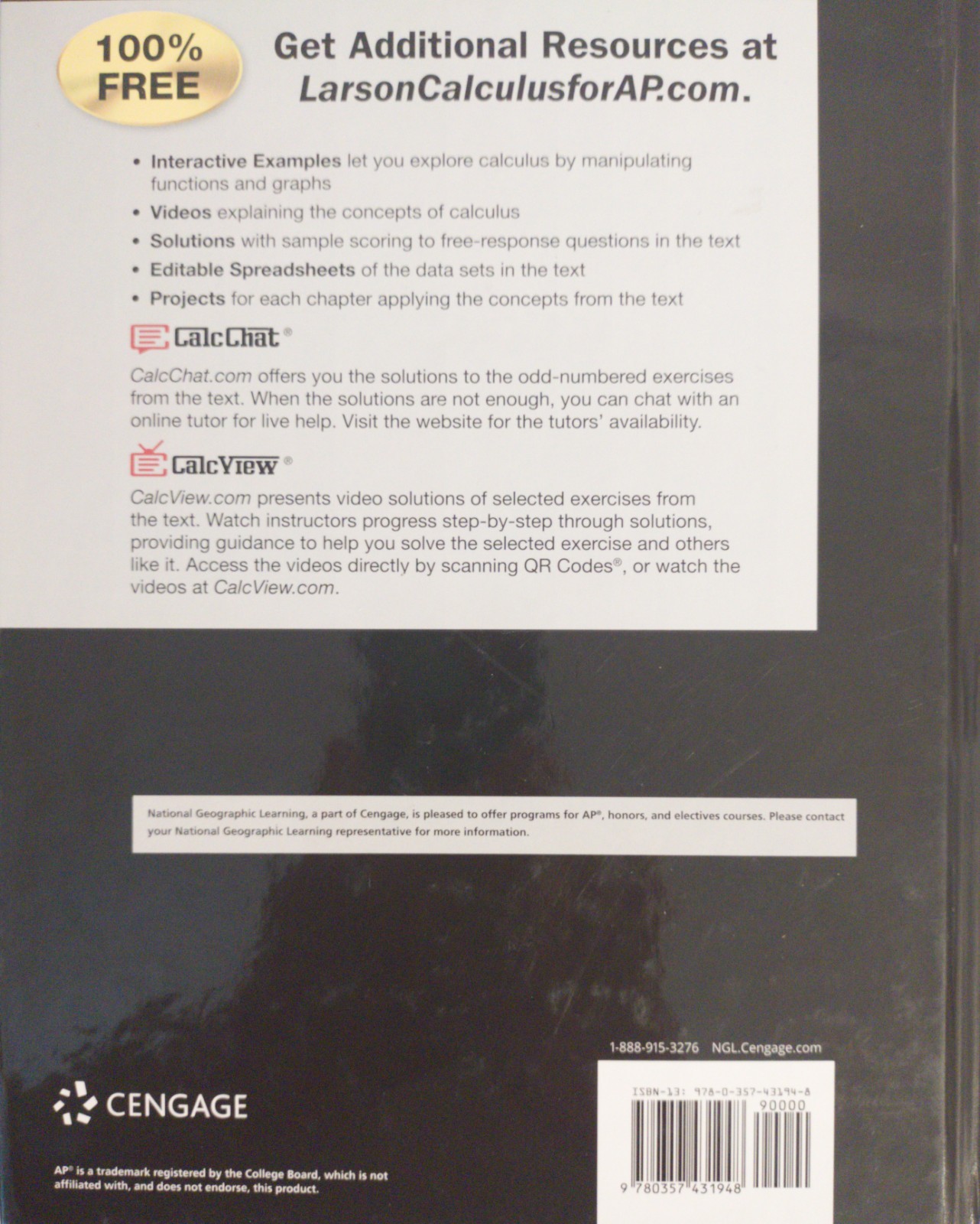 Calculus for AP, 2nd Edition, Calc Chat, Larson, VG, Hardcover