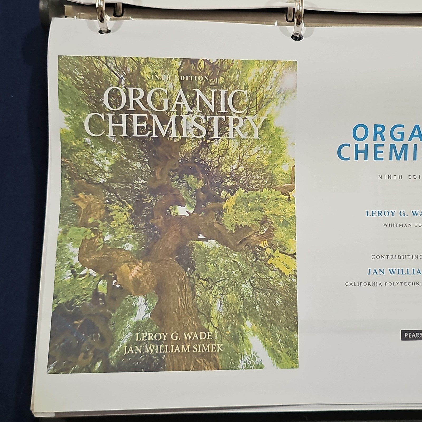 Pearson Organic Chemistry 9th Ed Ringbound Textbook, Wade & Simek