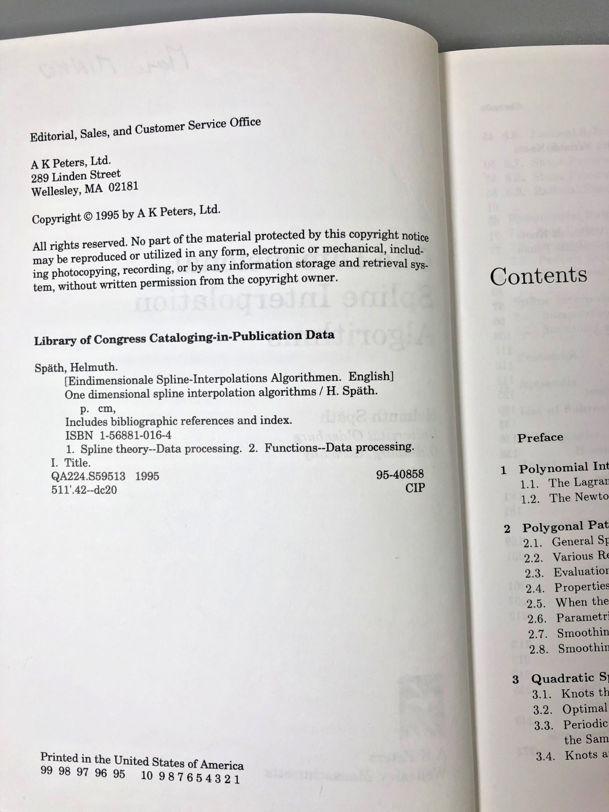 One Dimensional Spline Interpolation Algorithms Helmuth Späth Hardback 1995