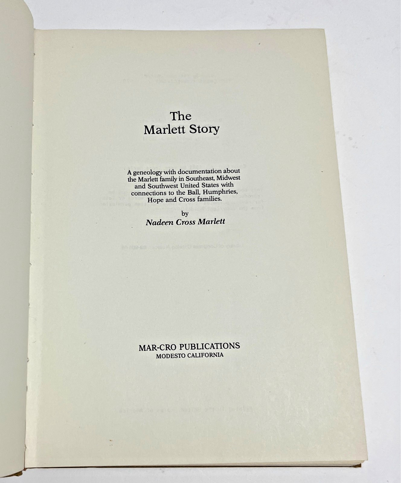 THE MARLETT STORY Genealogy Documentation Southeast HC Signed Nadeen Cross 1983
