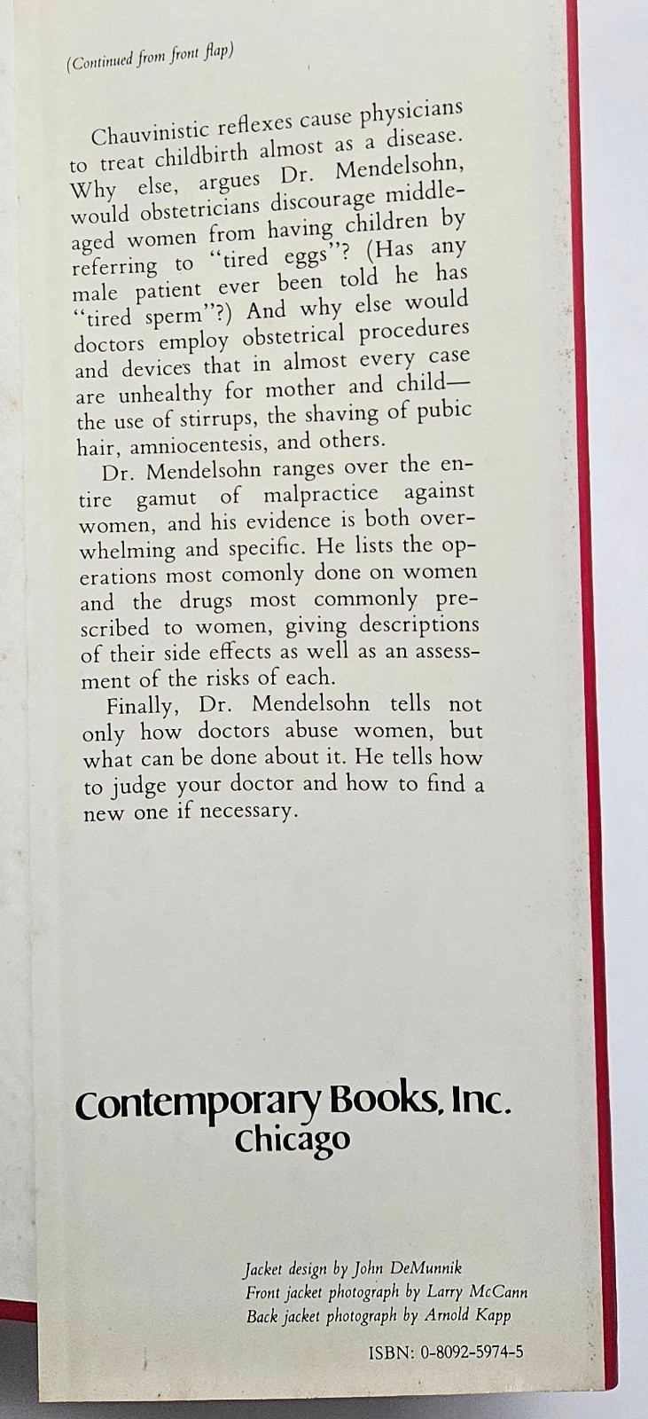 Male Practice: How Doctors Manipulate Women by Robert S. Mendelson M.D. 1981