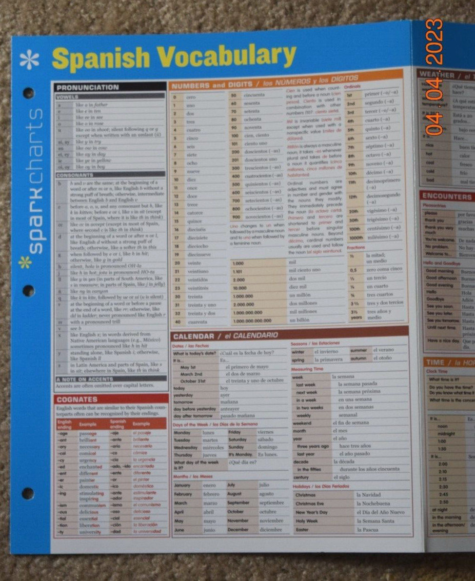 SPARKS NOTES CHARTS “SPANISH VOCABULARY,” 6 Pages, Paper (8.50″ x 11.00″) New