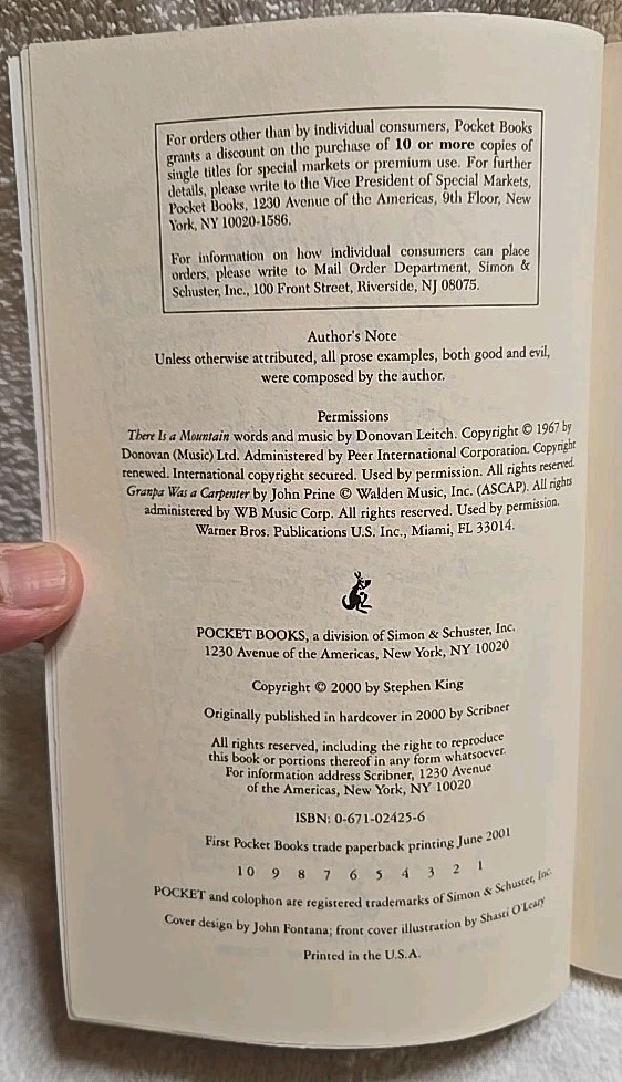 On Writing by Stephen King (2001 Pocket Books 1St Edition Trade Paperback)