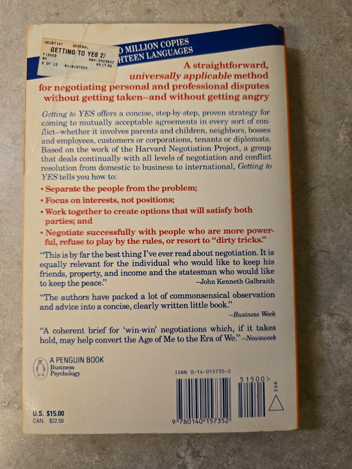 Getting to YES 2nd Edition Roger Fisher William Ury Negotiation Conflict Resolut