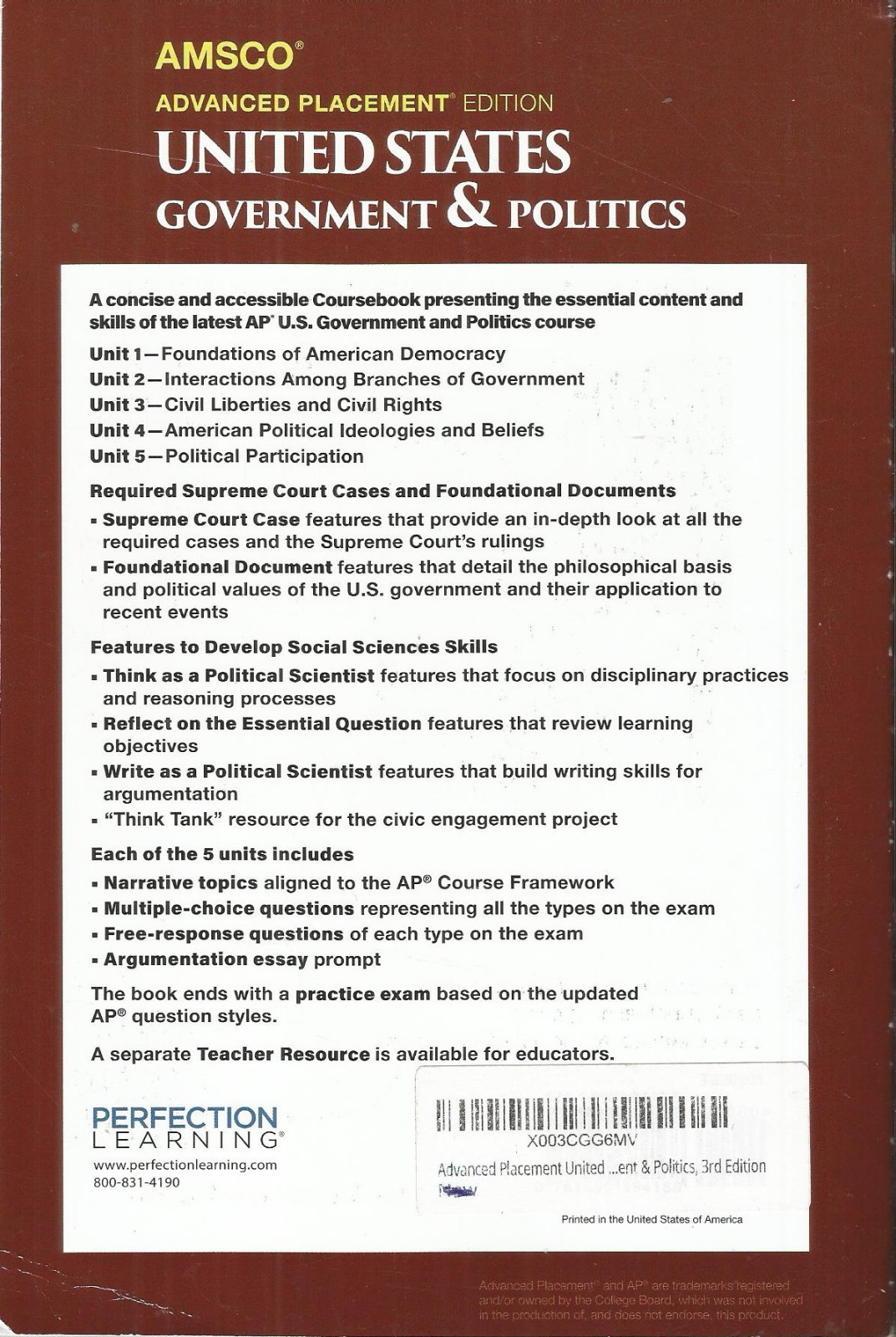 AMSCO Advanced Placement United States Government & Politics GOOD