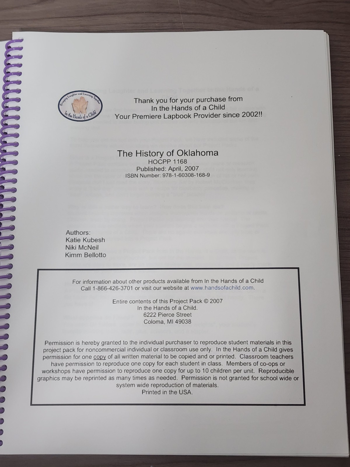 🕮 A8~In The Hands of a Child PROJECT PACK THE HISTORY OF OKLAHOMA Grades 4-12