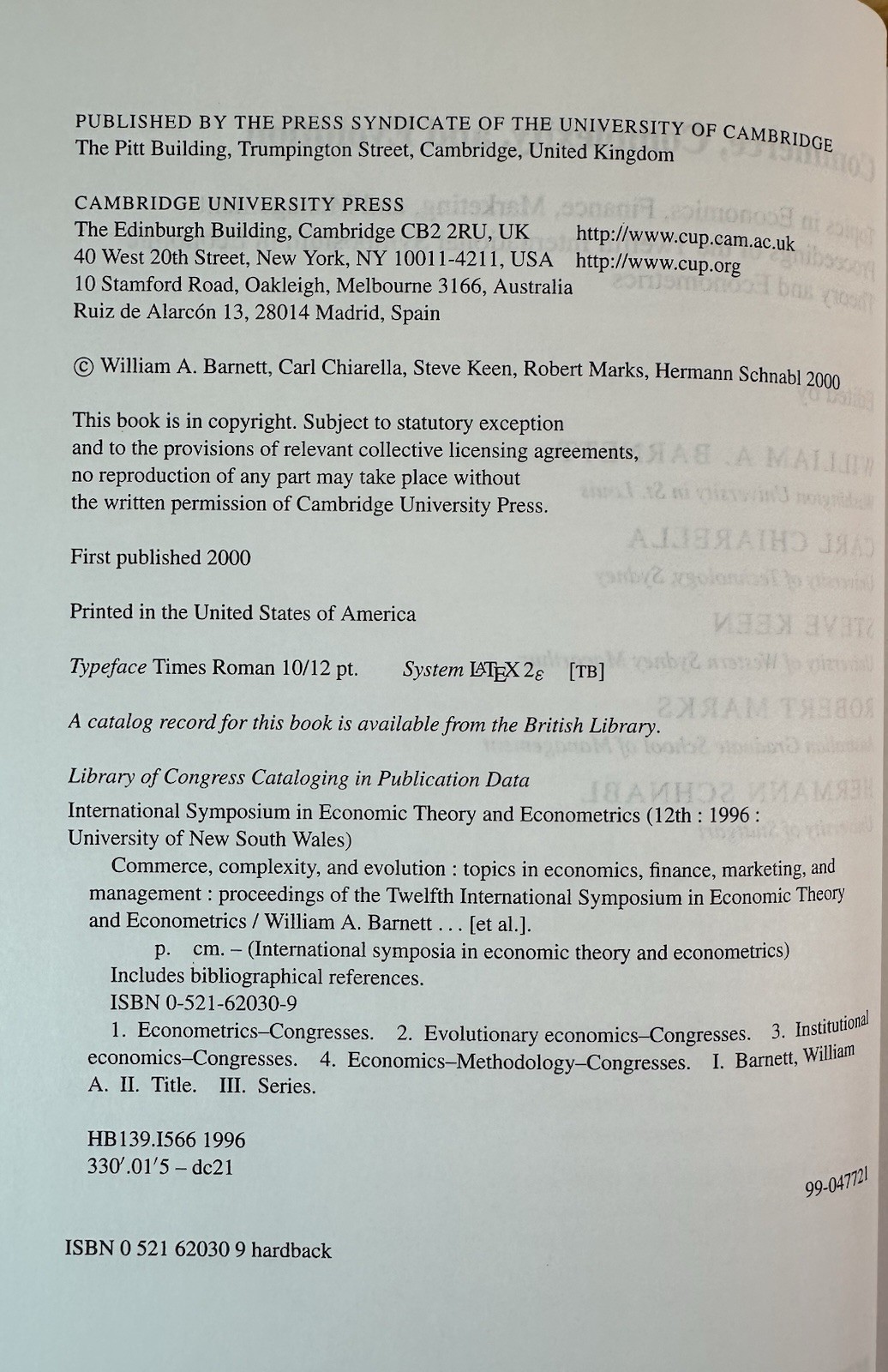 Commerce, Complexity, and Evolution: Topics in , Barnett, Chiarella, Keen, M-,
