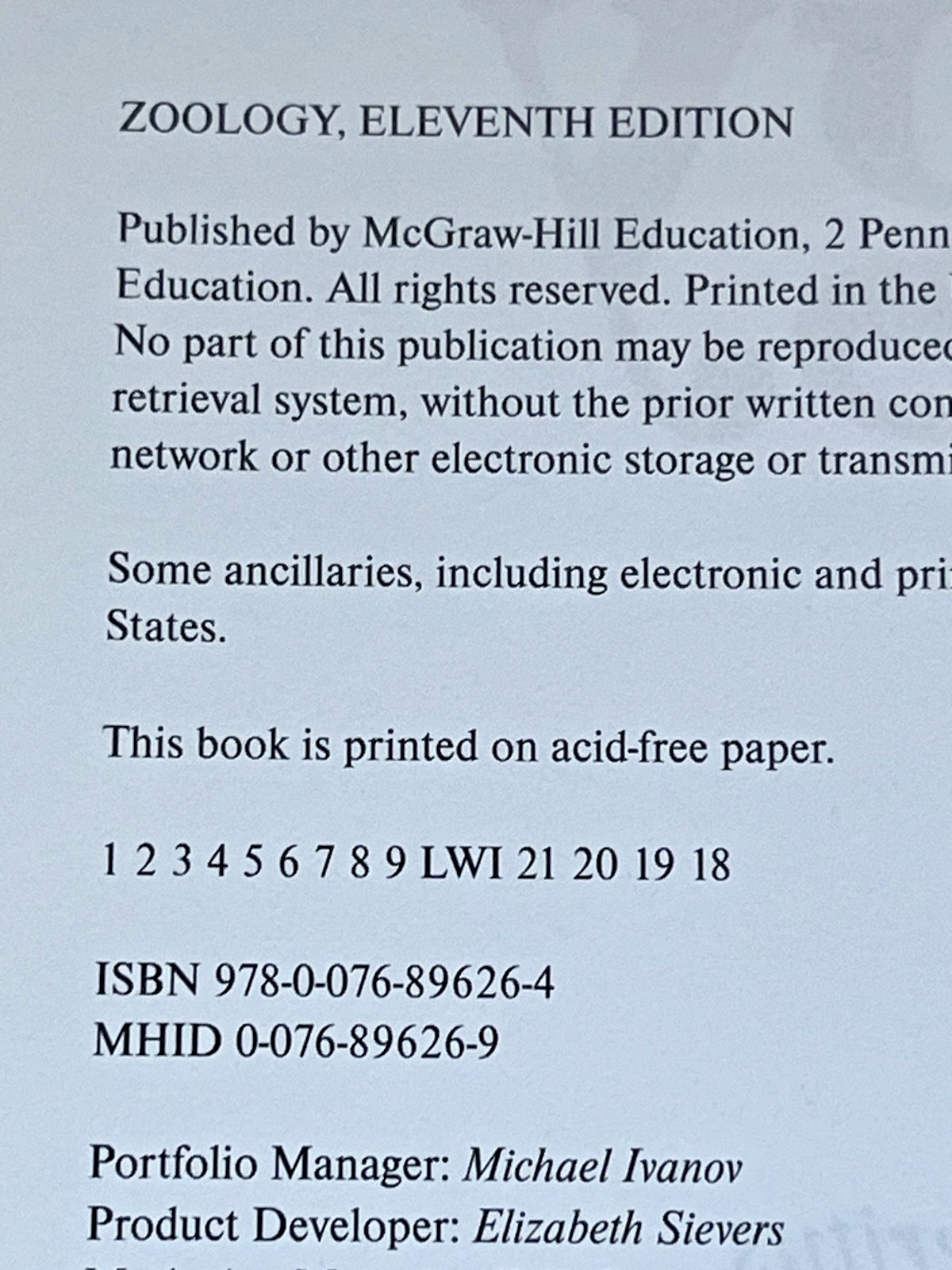 McGraw Hill Education Zoology 11th Student Edition Science Textbook 2019