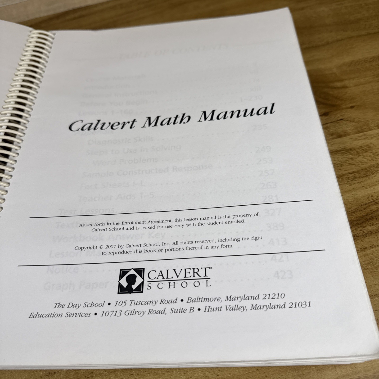 8th Grade Calvert Math Manual Spiral 08MMX0407-0607 Lesson Manual, Tests, Answer
