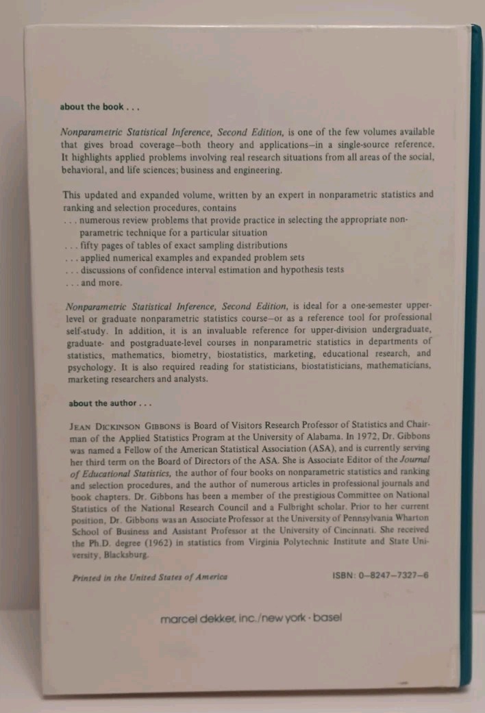 Nonparametric Statistical Inference Second Edition by Gibbons – Hardcover