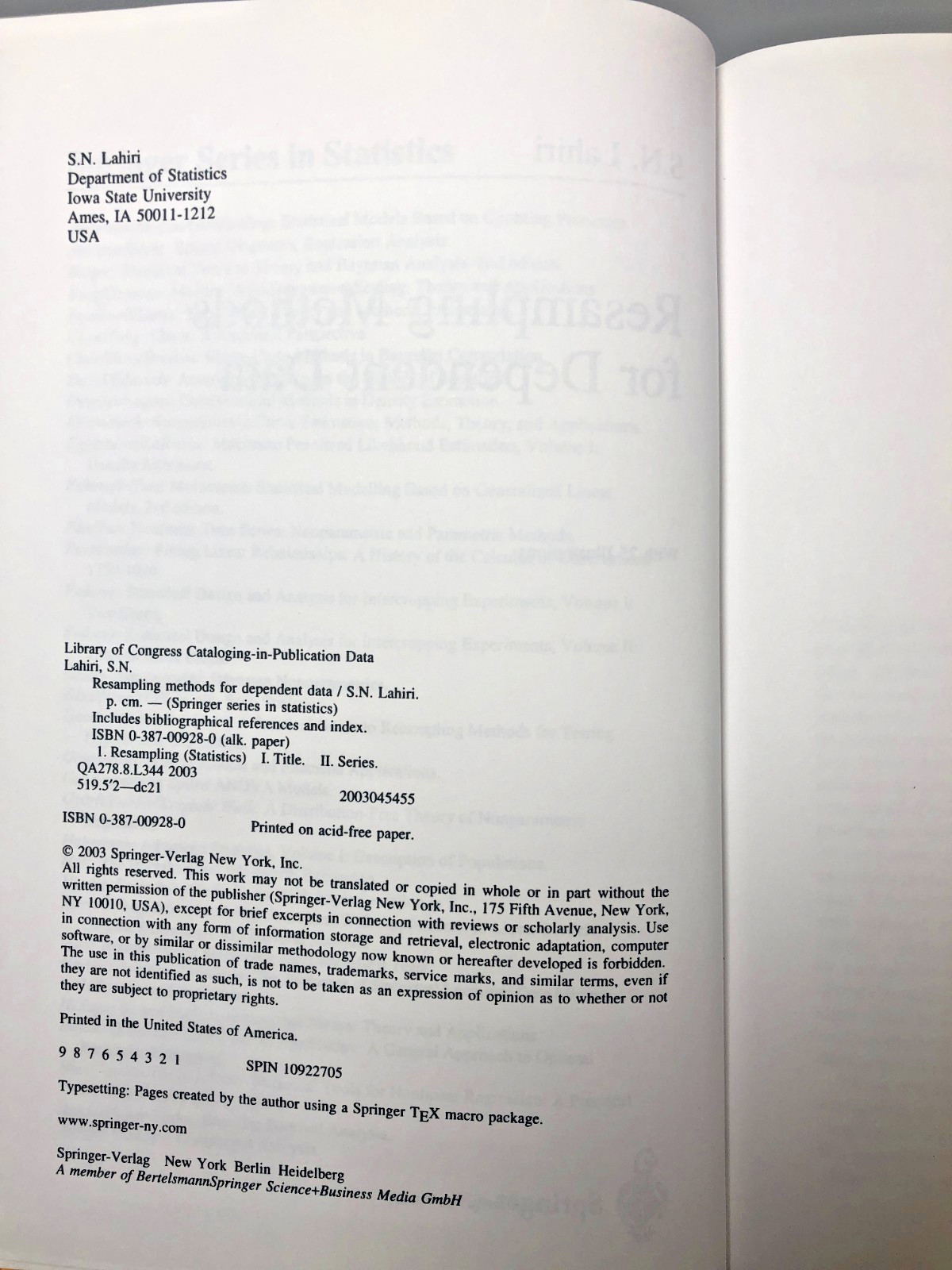 Resampling Methods for Dependent Data S N Lahiri Springer Statistics Hardback