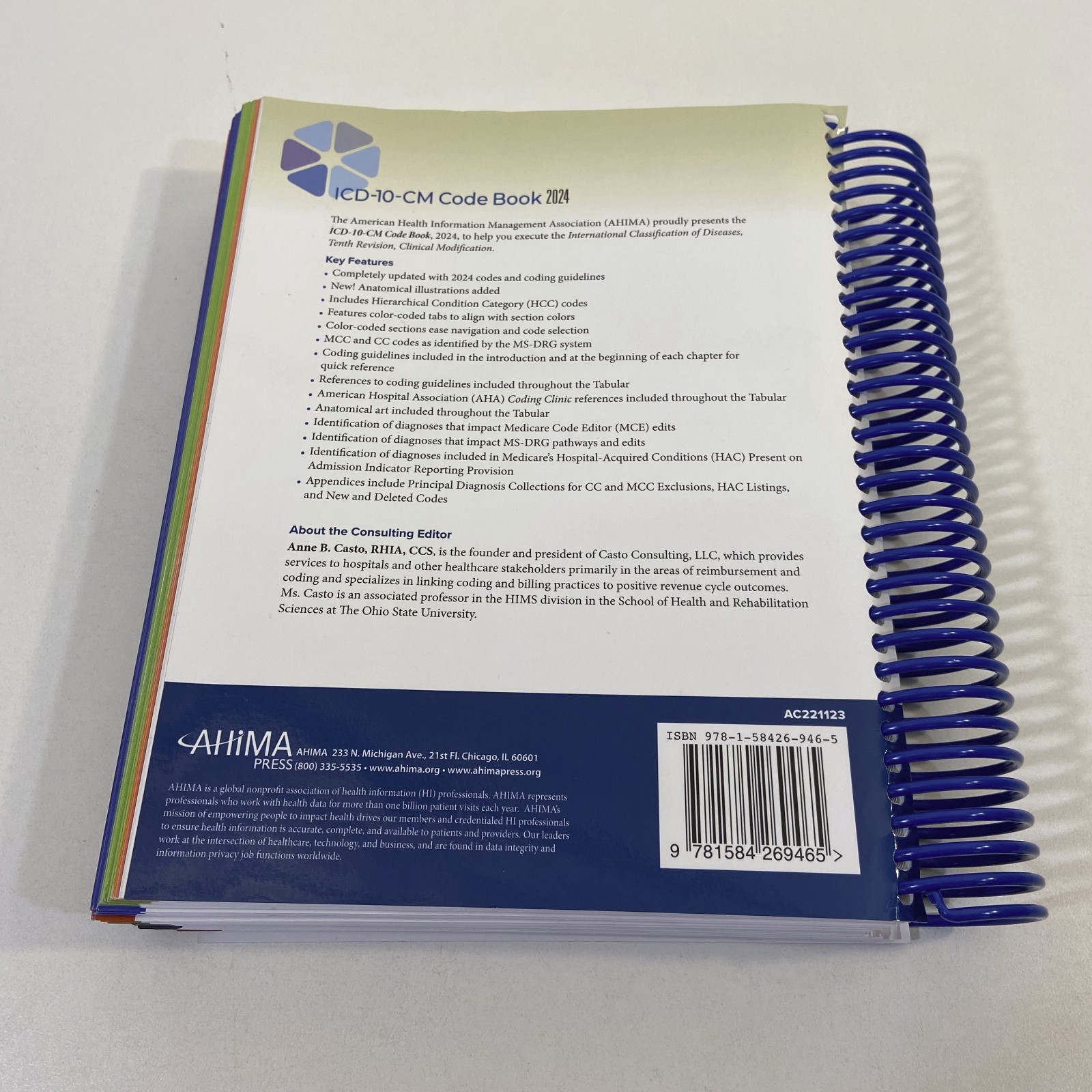 ICD-10-CM Code Book 2024 AHIMA Press Anne B Casto Spiralbound Unused Color Flags
