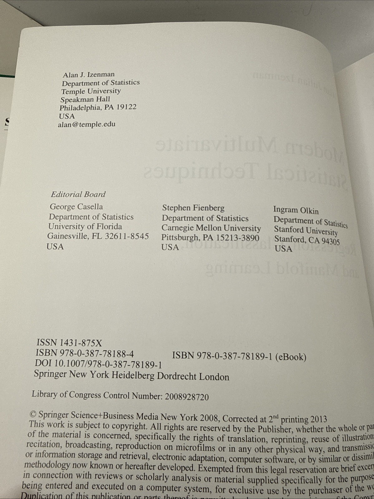 Springer Texts in Statistics Ser.: Modern Multivariate Statistical Techniques