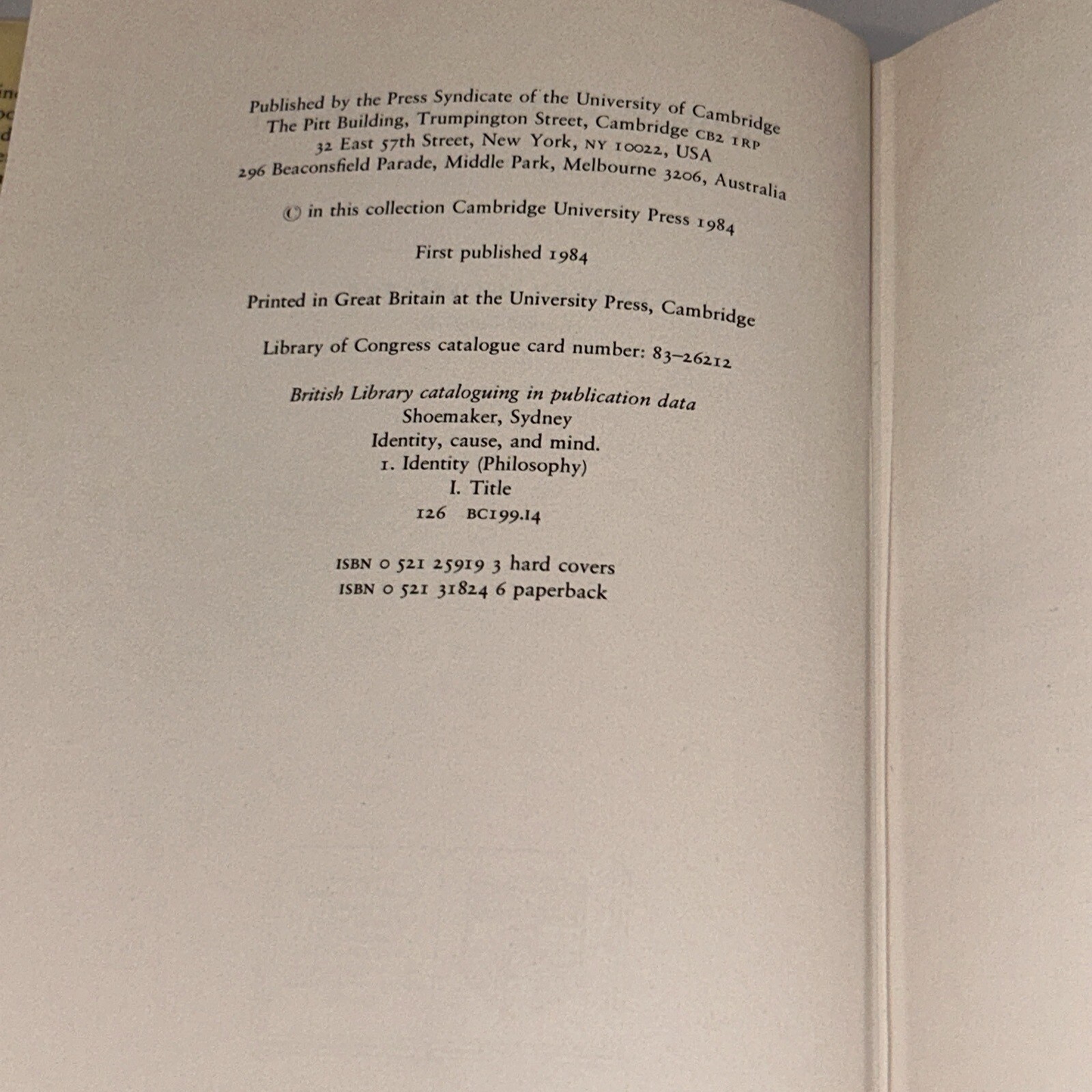 Identity, Cause, and Mind: Philosophical Essays By Sydney Shoemaker (1984, HC)