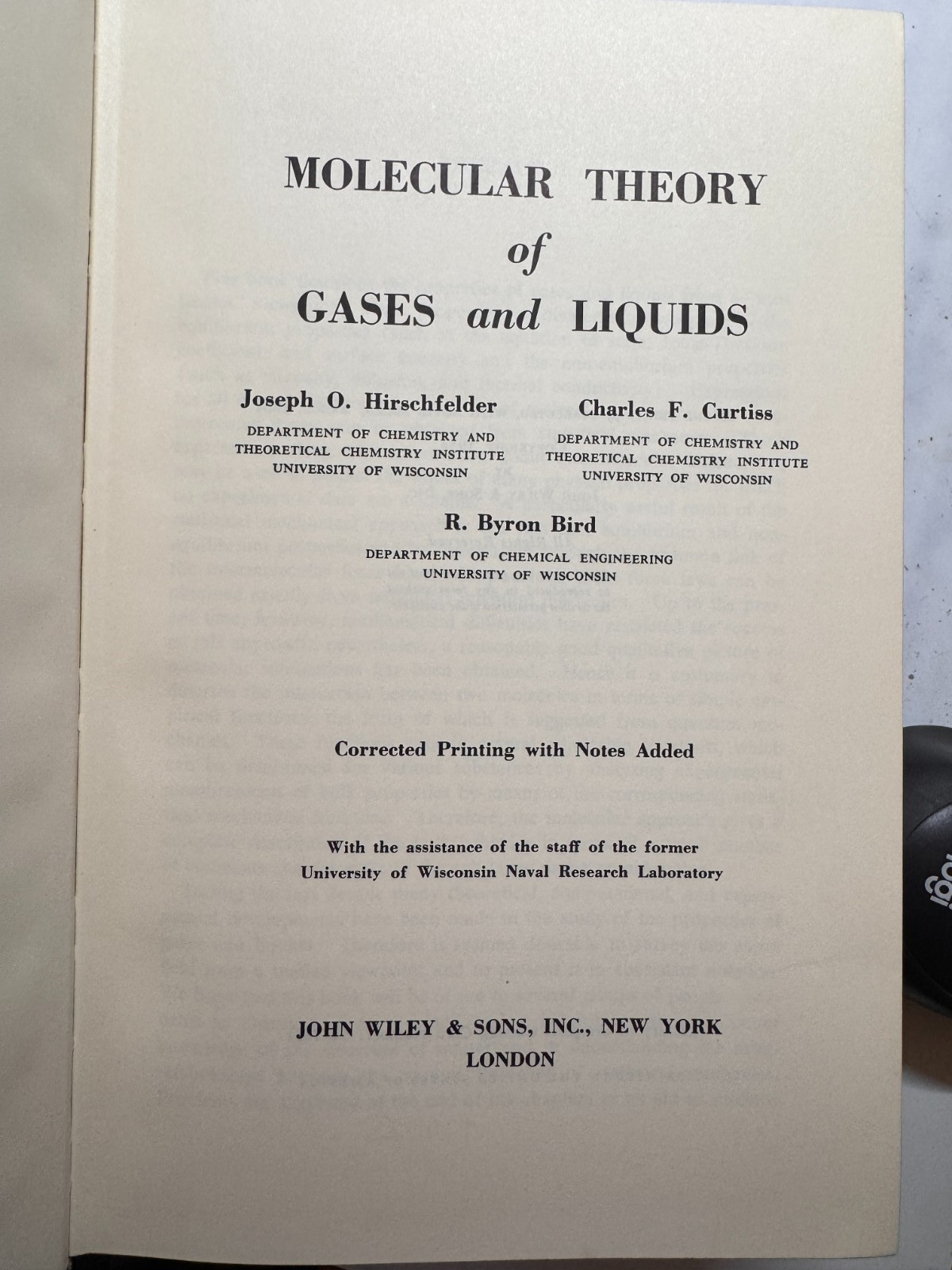 Molecular Theory of Gases & Liquids, Hirschfelder, Curtiss & Bird, Hardcover