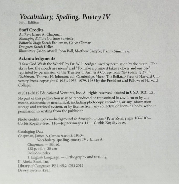 Abeka A Beka Book VOCABULARY SPELLING POETRY IV 5th Edition TEACHER KEY 16793210