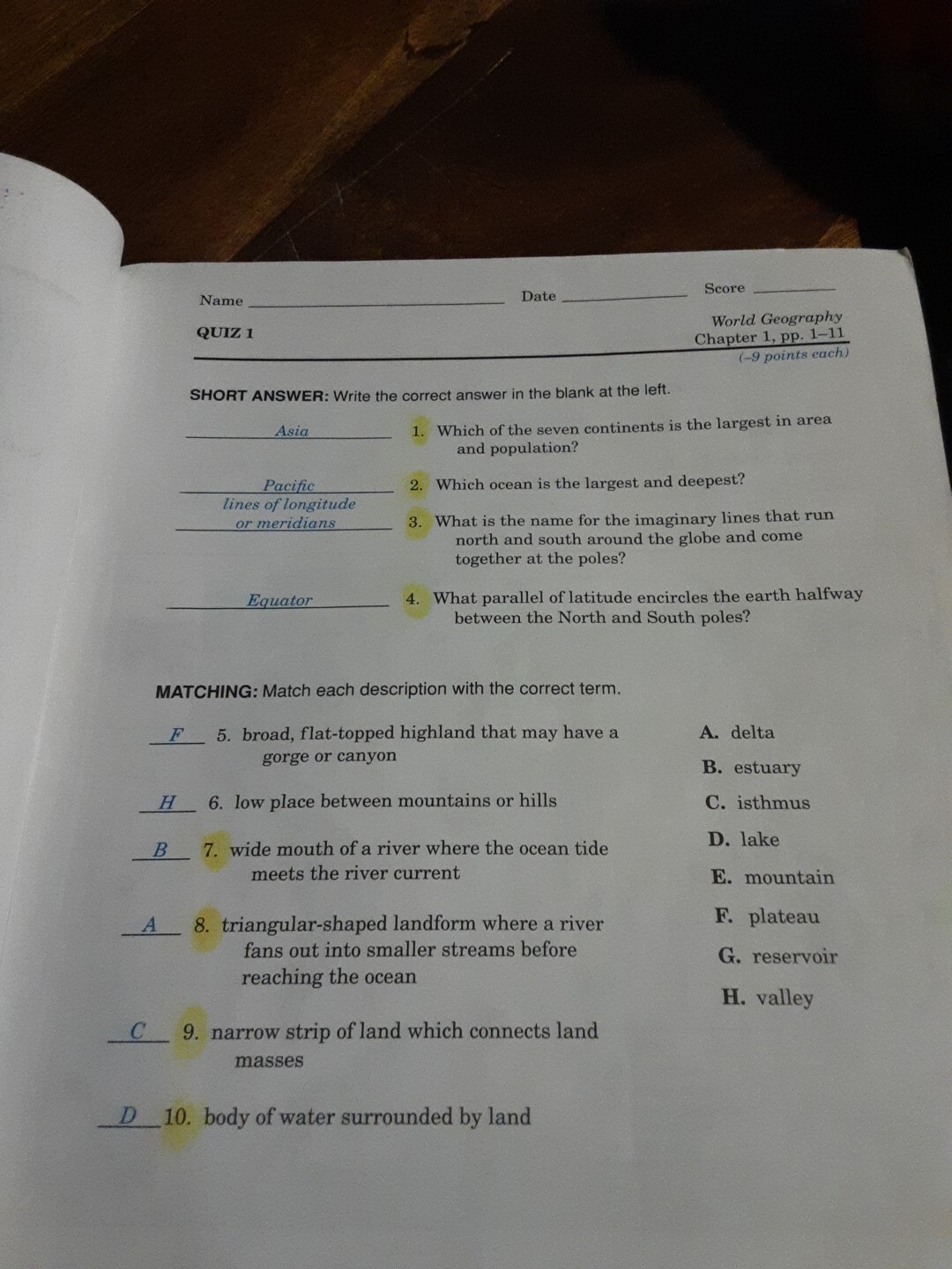 Abeka A Beka World Geography Test Quiz Key Homeschool