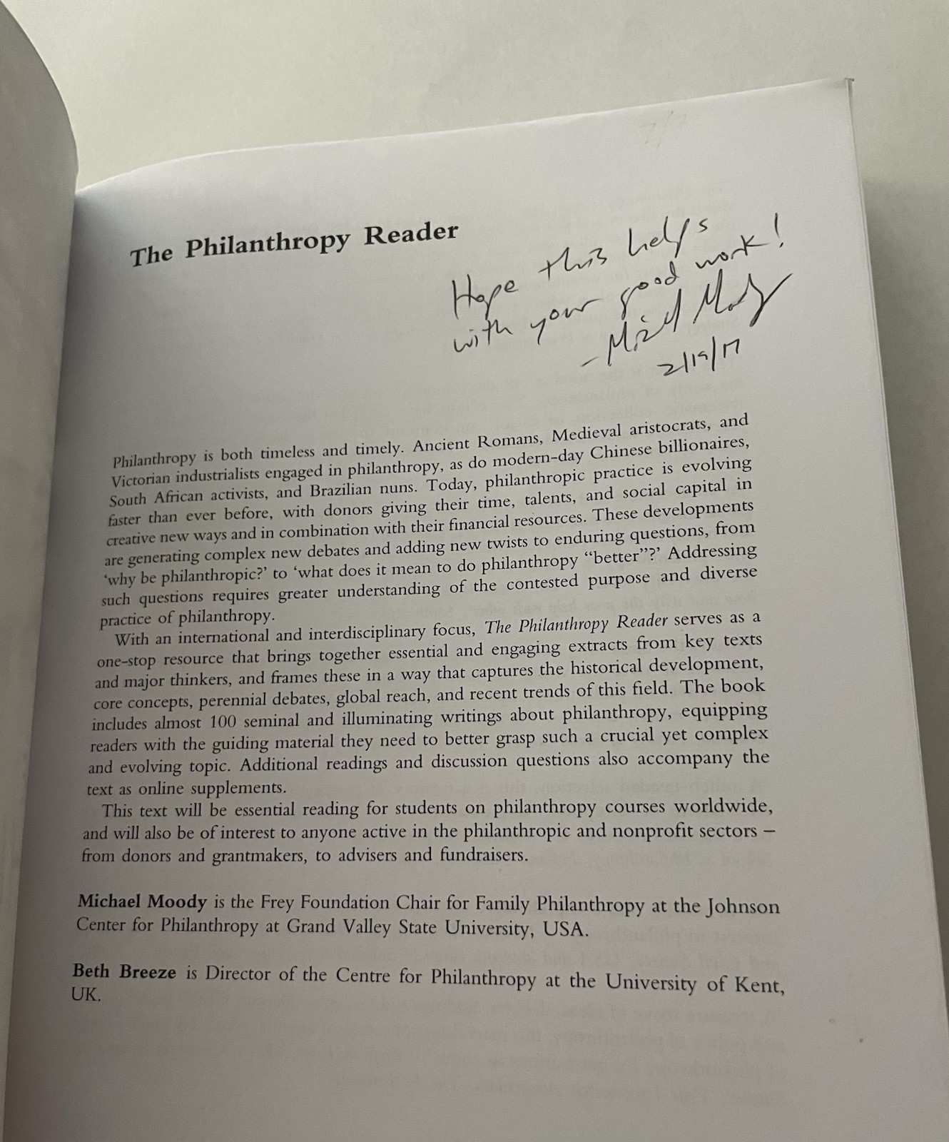 The Philanthropy Reader by Michael Moody SIGNED FIRST EDITION Very Good