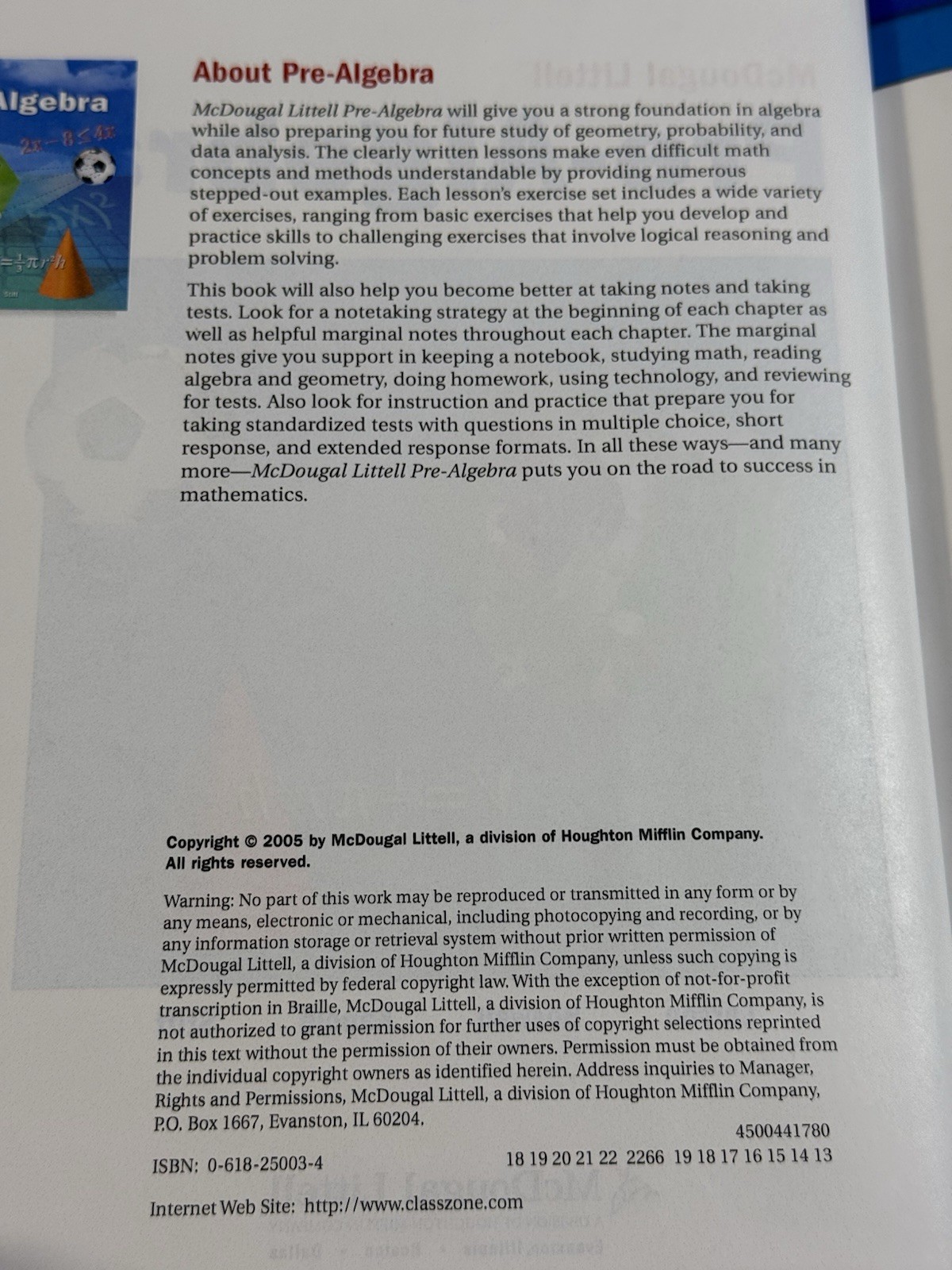 McDougal Littell Pre-Algebra Hardcover Textbook 2005 ISBN 9780618250035