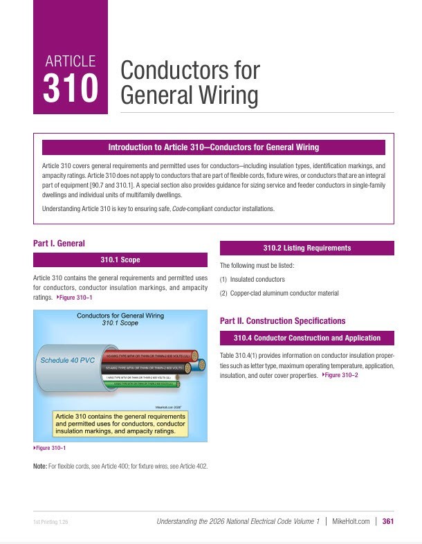 Mike Holt’s 2026 Understanding the NEC, Volume 1 Textbook Articles 90 – 480