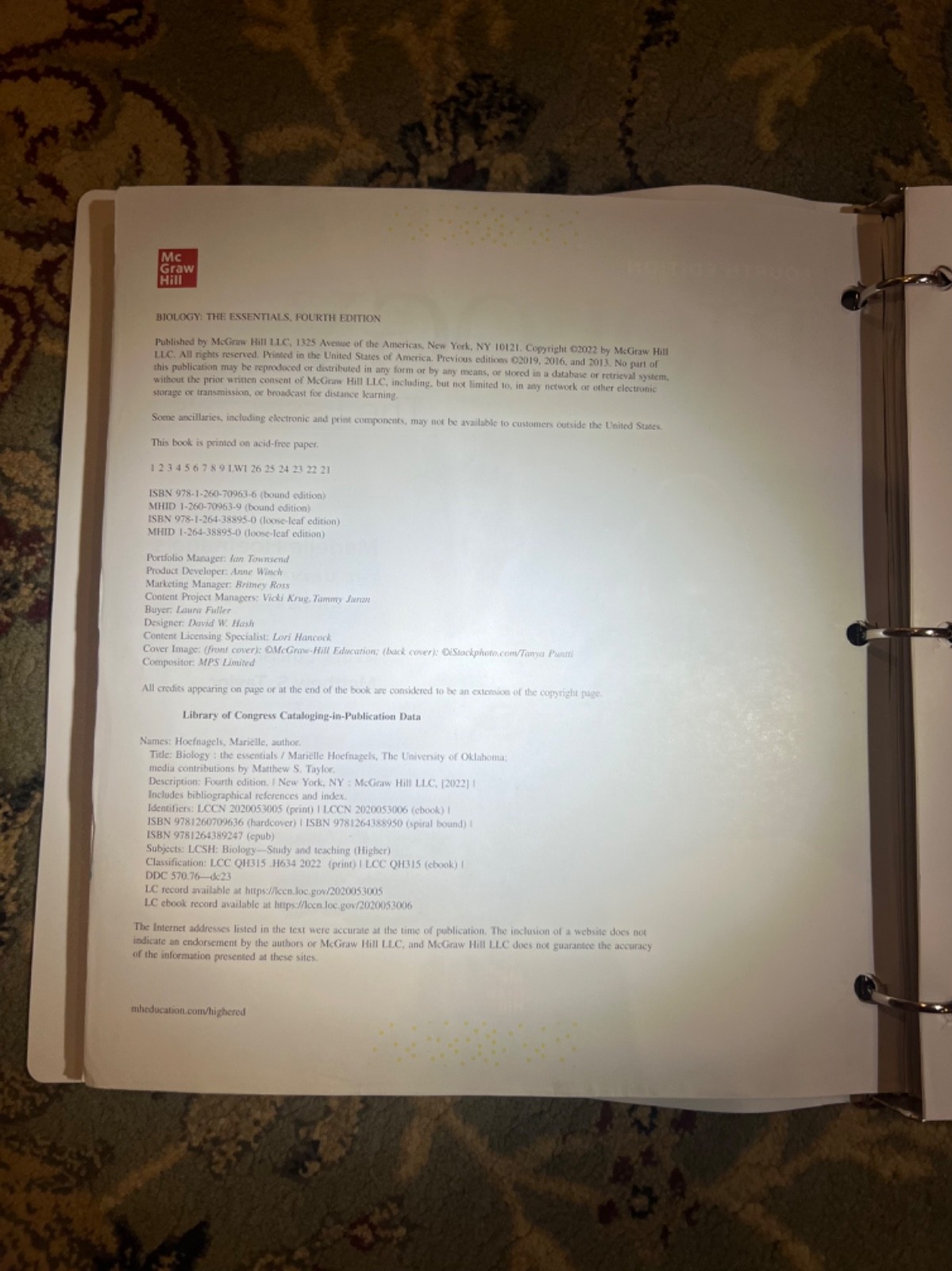 Loose Leaf for Biology: the Essentials by Mariëlle Hoefnagels (2021, Ringbound)
