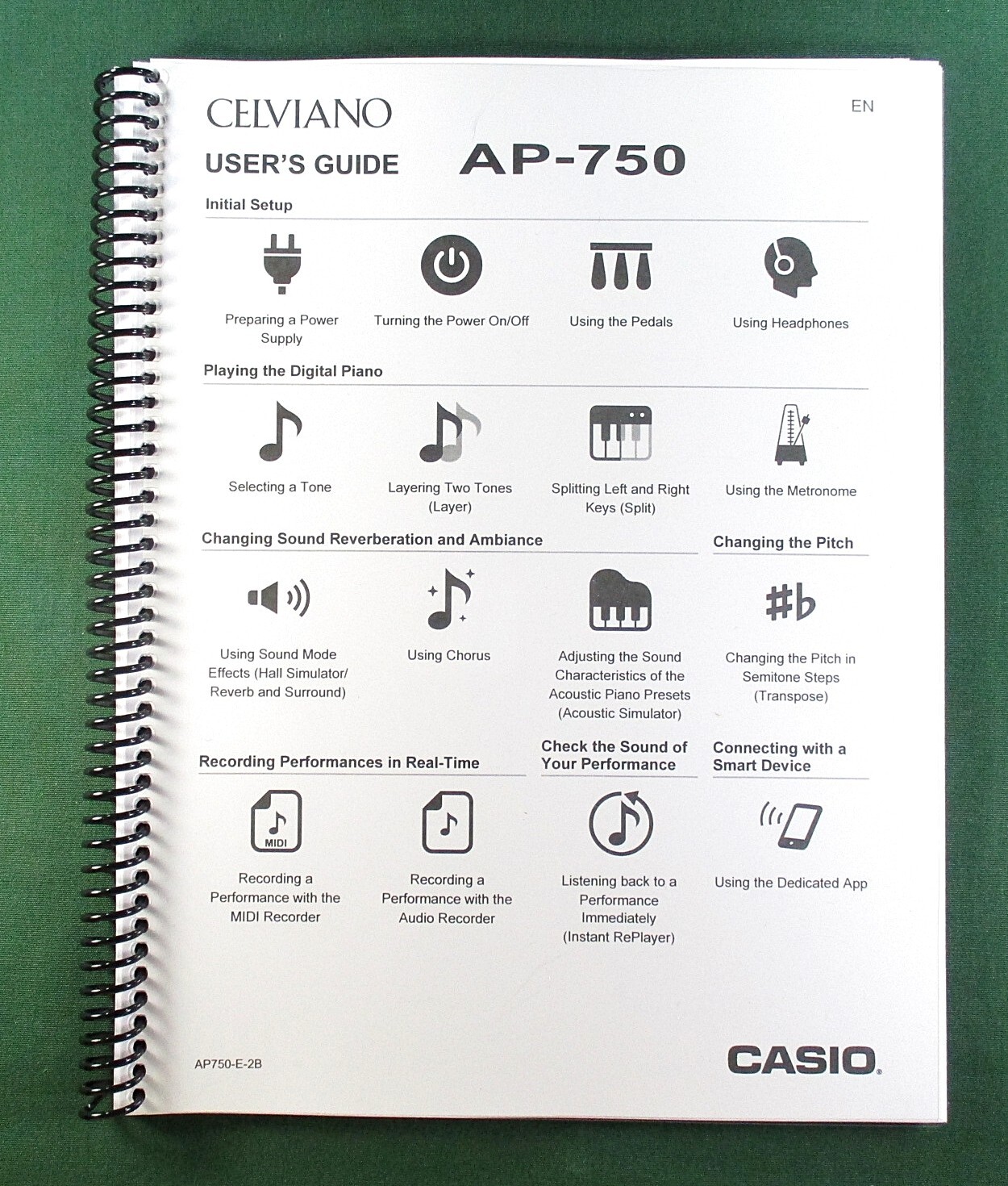 Casio Celviano AP-750 Instruction Manual: 192 Pages Coil Bound & Clear Covers!