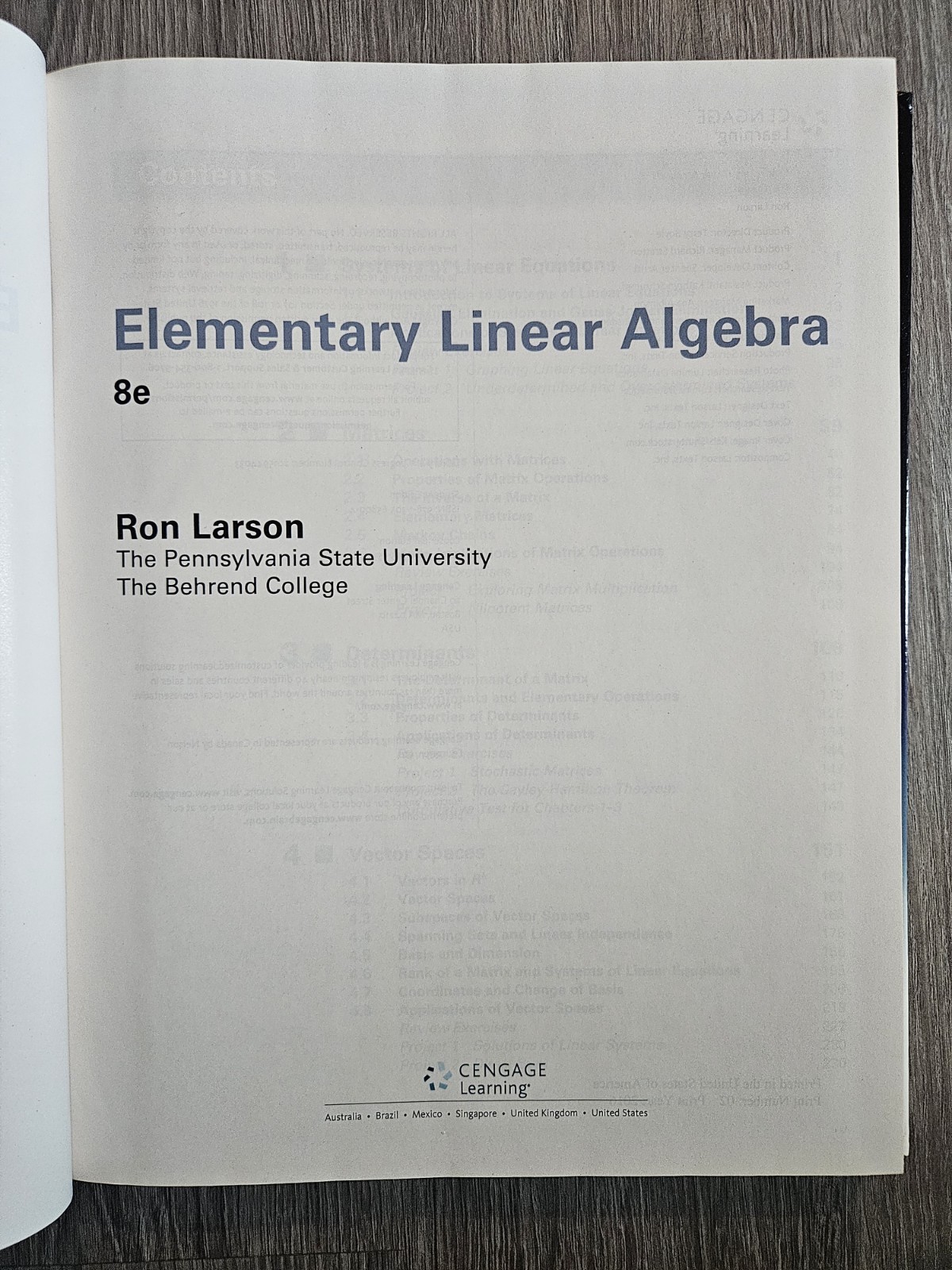 Elementary Linear Algebra 8e 8th Edition Hardcover Ron Larson Clean Pages