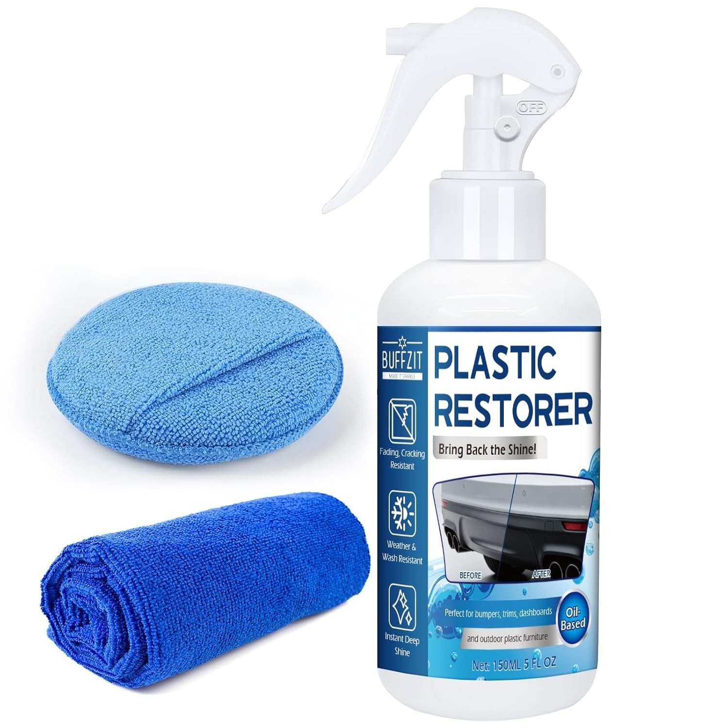 Deep Black Plastic Restorer for Cars – 5oz Trim & Vinyl Protector with Sponge