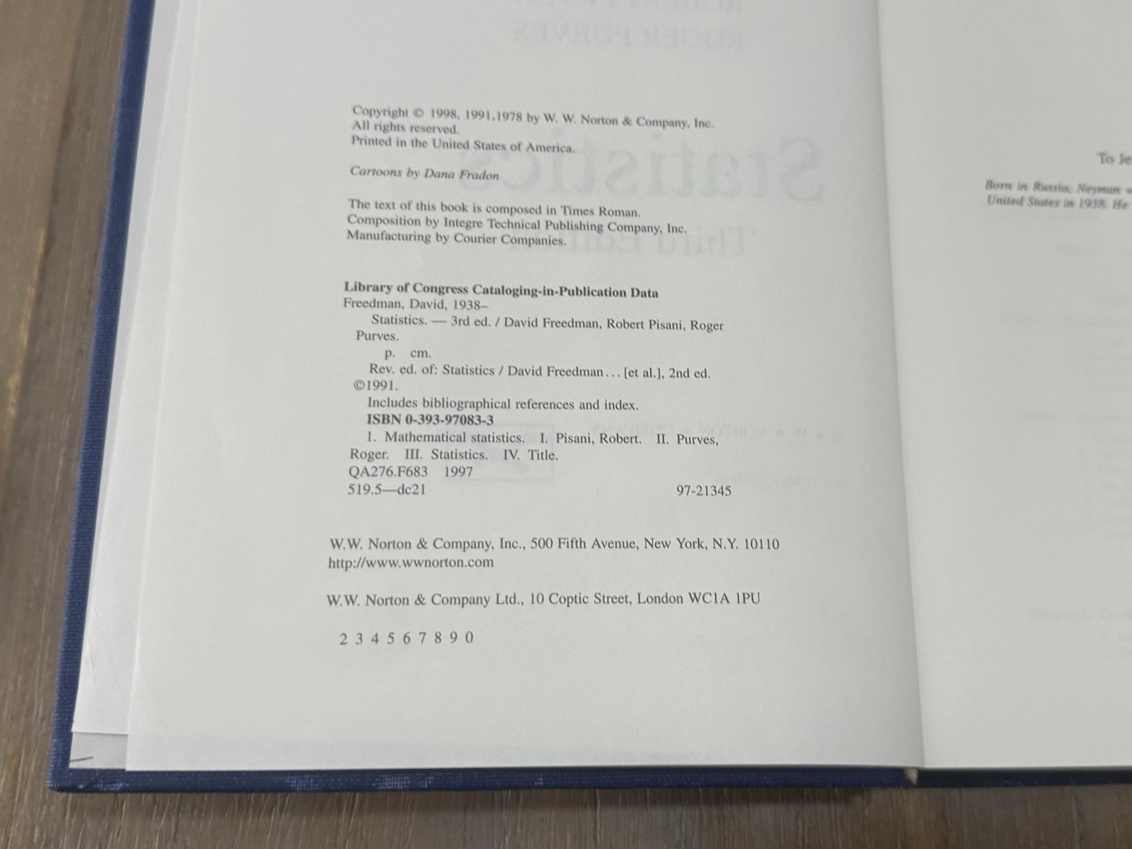 Statistics Third Edition by Freedman, Pisani, and Purves 1998 Hardcover