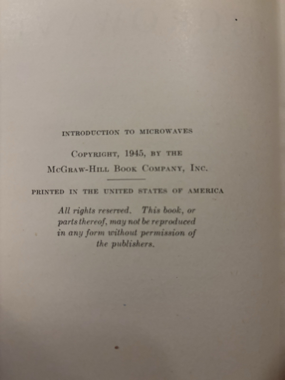 1945 Introduction to Microwaves by Simon Ramo GE Research Lab 1st Edition 5th