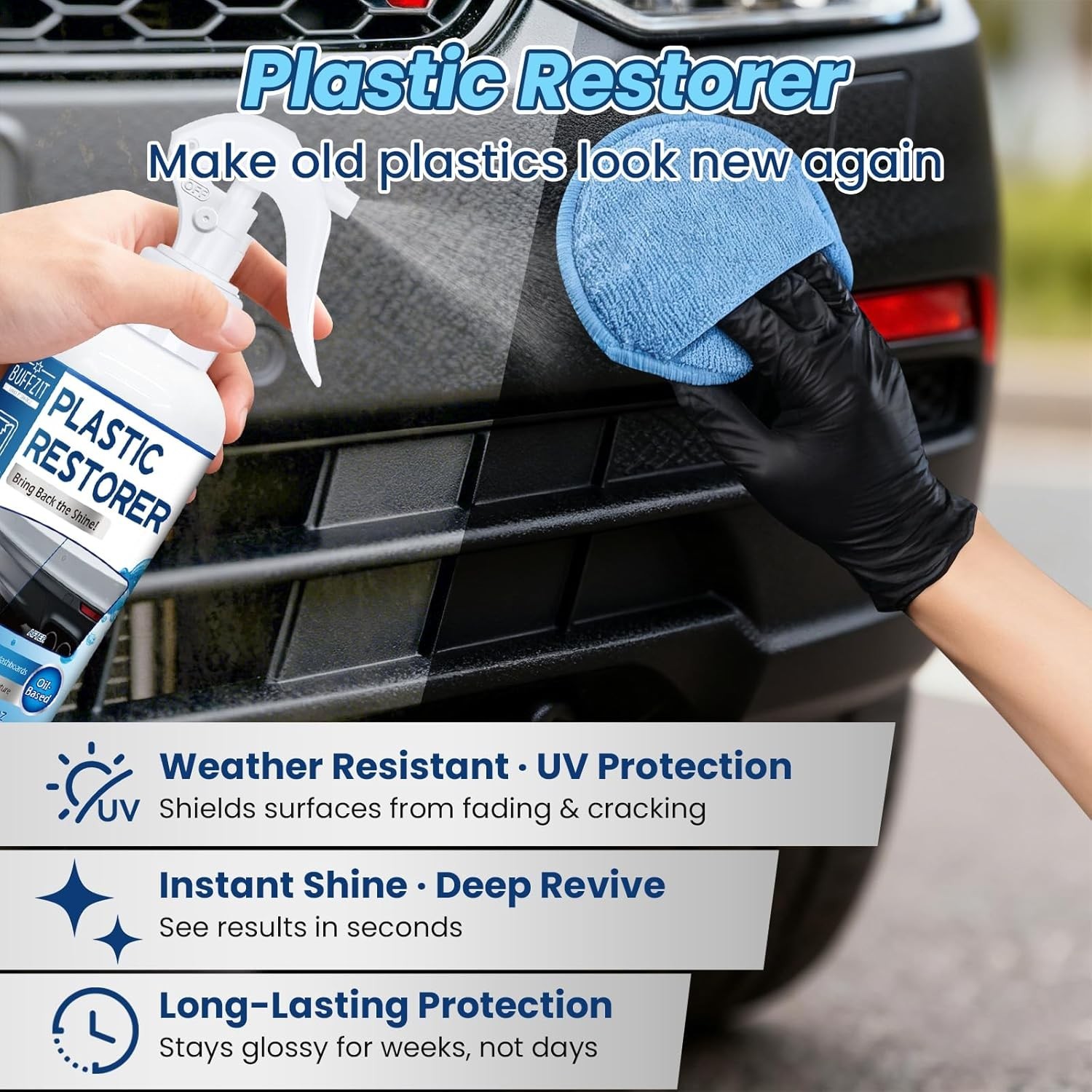 Deep Black Plastic Restorer for Cars – 5oz Trim & Vinyl Protector with Sponge